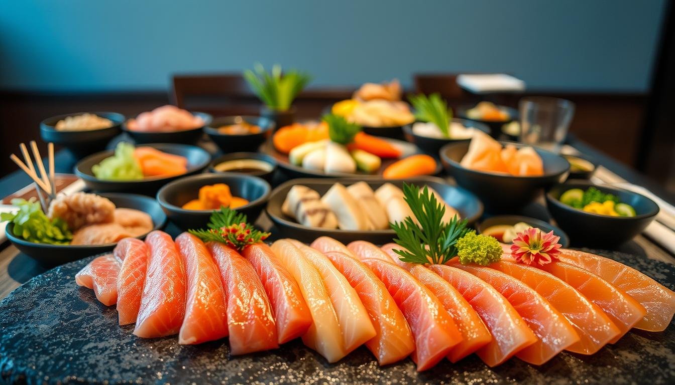 A meticulously curated feast, a harmonious symphony of seasonal delicacies and locally sourced ingredients. In the foreground, an exquisite arrangement of sashimi, each slice glistening with freshness, accompanied by delicate garnishes that add pops of color. In the middle, a showcase of expertly prepared traditional dishes, their flavors a reflection of the region's culinary heritage. The background sets the stage, a serene Japanese-inspired setting with clean lines, warm lighting, and a touch of natural elements, creating an atmosphere of refined elegance. This is a culinary experience that transcends the ordinary, a true celebration of the senses, capturing the essence of Japan's finest seasonal offerings. A meticulously curated feast, a harmonious symphony of seasonal delicacies and locally sourced ingredients. In the foreground, an exquisite arrangement of sashimi, each slice glistening with freshness, accompanied by delicate garnishes that add pops of color. In the middle, a showcase of expertly prepared traditional dishes, their flavors a reflection of the region's culinary heritage. The background sets the stage, a serene Japanese-inspired setting with clean lines, warm lighting, and a touch of natural elements, creating an atmosphere of refined elegance. This is a culinary experience that transcends the ordinary, a true celebration of the senses, capturing the essence of Japan's finest seasonal offerings.