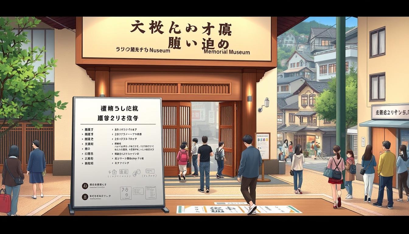 A meticulously detailed illustration of the Sakamoto Ryoma Memorial Museum's entrance, showcasing the visitor information including opening hours, admission fees, and transportation routes. The scene depicts the museum's grand facade, with its traditional Japanese architectural elements bathed in warm, soft lighting. In the foreground, a neatly organized table displays the relevant visitor details, while the middle ground features visitors of various ages and backgrounds navigating the entrance area. The background reveals the surrounding neighborhood, with its winding streets and charming buildings, creating a sense of place and context. The overall composition conveys a welcoming and informative atmosphere, perfectly suited to guide visitors through the museum experience. A meticulously detailed illustration of the Sakamoto Ryoma Memorial Museum's entrance, showcasing the visitor information including opening hours, admission fees, and transportation routes. The scene depicts the museum's grand facade, with its traditional Japanese architectural elements bathed in warm, soft lighting. In the foreground, a neatly organized table displays the relevant visitor details, while the middle ground features visitors of various ages and backgrounds navigating the entrance area. The background reveals the surrounding neighborhood, with its winding streets and charming buildings, creating a sense of place and context. The overall composition conveys a welcoming and informative atmosphere, perfectly suited to guide visitors through the museum experience.