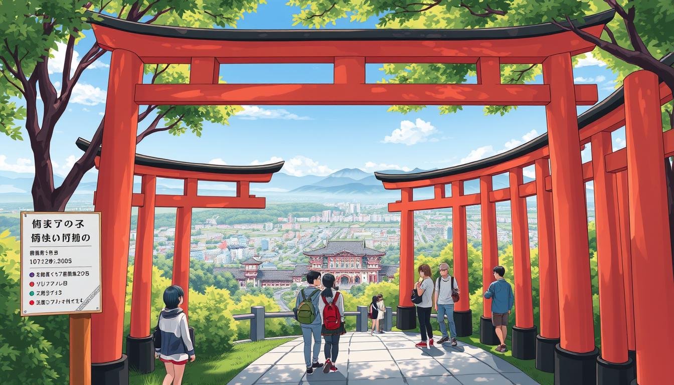 A meticulously detailed illustration of "停留時間 花費 路線建議" for a visit to the Fushimi Inari Shrine in Kyoto, Japan. The scene depicts a serene, sun-dappled path winding through the iconic vermilion torii gates, with a clear signpost indicating visiting hours, estimated costs, and suggested routes. In the foreground, a group of tourists pause to admire the shrine's stunning architecture and natural beauty, while in the background, a panoramic view showcases the shrine's sprawling layout and lush, verdant surroundings. The image conveys a sense of tranquility and cultural immersion, perfectly complementing the article's focus on experiencing the unique charm of Japanese heritage.