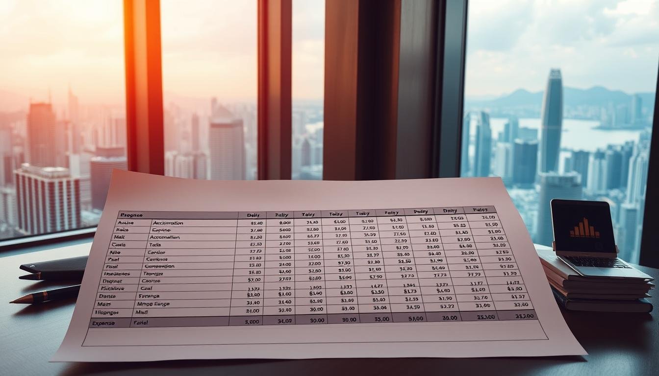 A meticulously organized daily budget spreadsheet with line items for accommodation, transportation, meals, and miscellaneous expenses, set against a backdrop of iconic Hong Kong cityscapes. The layout is clean and minimalist, with a focus on data visualization through charts and graphs. Warm natural lighting filters in through large windows, casting a soft glow over the workspace. The overall atmosphere is one of calculated efficiency and financial prudence, reflecting the thoughtful, strategic approach to budgeting for a Hong Kong vacation.