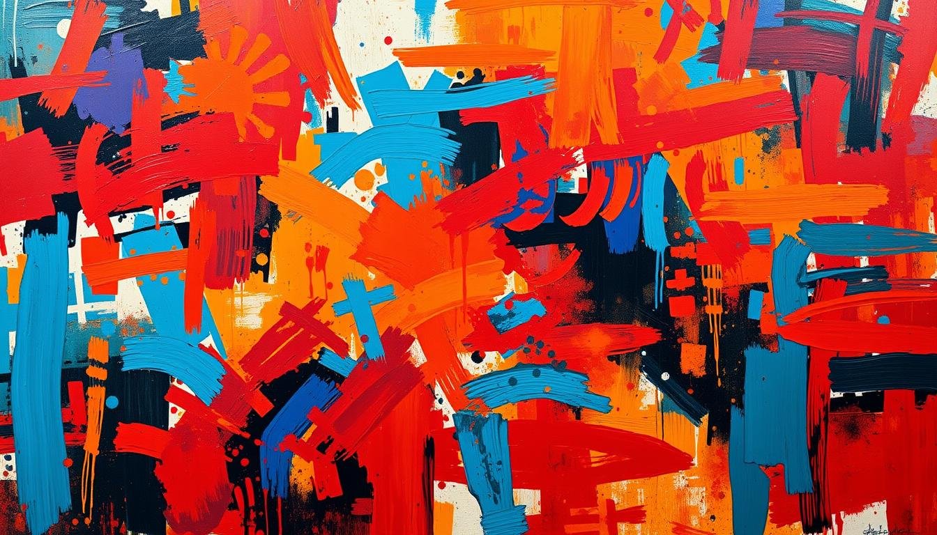 A mid-century abstract expressionist masterpiece, drenched in a vibrant palette of bold, gestural brushstrokes. Layers of vivid hues - crimson, ochre, azure - intertwine and collide, creating a dynamic, emotive composition that evokes the raw energy and experimentation of 1950s Asian visual culture. Dramatic chiaroscuro lighting casts dramatic shadows, highlighting the textural depth and spontaneous, almost improvisational, nature of the painting. The canvas fills the frame, immersing the viewer in a powerful, visceral exploration of form, color, and the boundless possibilities of the medium. A timeless work that captures the essence of the period's artistic revolution. A mid-century abstract expressionist masterpiece, drenched in a vibrant palette of bold, gestural brushstrokes. Layers of vivid hues - crimson, ochre, azure - intertwine and collide, creating a dynamic, emotive composition that evokes the raw energy and experimentation of 1950s Asian visual culture. Dramatic chiaroscuro lighting casts dramatic shadows, highlighting the textural depth and spontaneous, almost improvisational, nature of the painting. The canvas fills the frame, immersing the viewer in a powerful, visceral exploration of form, color, and the boundless possibilities of the medium. A timeless work that captures the essence of the period's artistic revolution.