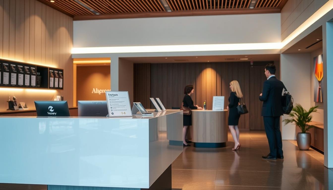 A modern and minimalist interior design with a sleek information desk and signage in the foreground, showcasing a professional and organized consultation and booking process. In the middle ground, potential clients engage with representatives, discussing itinerary options and customizations. The background features clean lines, warm lighting, and a serene ambiance, creating an inviting and trustworthy atmosphere for Japan travel planning. The overall composition emphasizes efficiency, attention to detail, and a tailored customer experience.