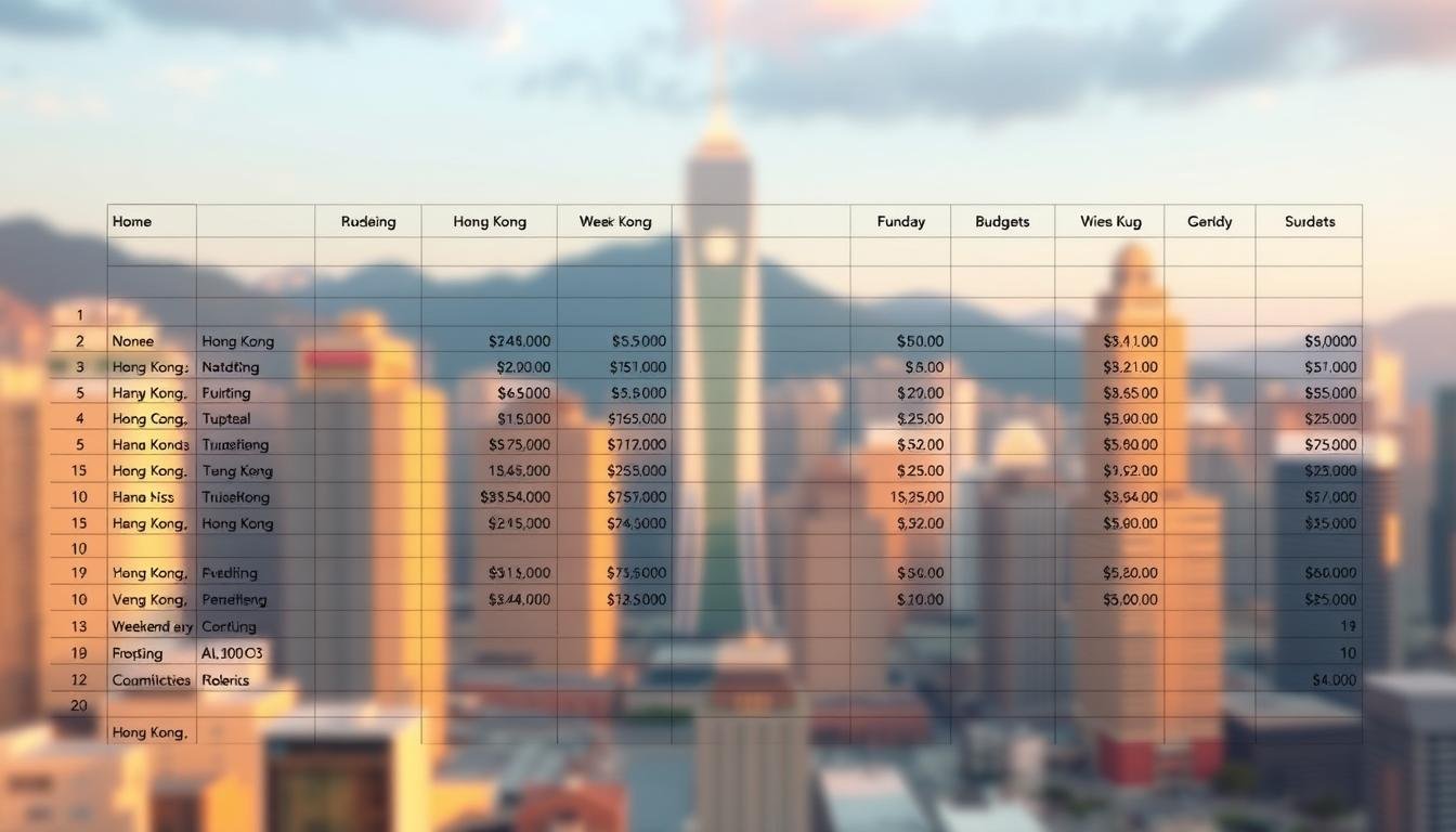 A modern, clean spreadsheet interface against a blurred backdrop of cityscape, with icons and infographic elements displaying budgeting details for a Hong Kong weekend getaway versus a week-long trip. Warm, natural lighting casts a soft glow, creating an inviting, informative atmosphere. The layout is organized and visually appealing, highlighting the key budgetary considerations for both short and extended Hong Kong vacations.