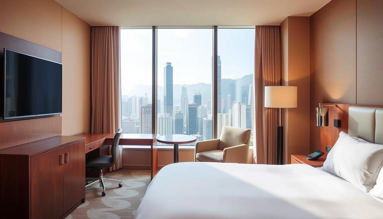 A modern, cozy hotel room in Hong Kong, with a large window overlooking the iconic city skyline. The room is filled with warm, natural light, creating a welcoming atmosphere. In the foreground, a comfortable king-sized bed with crisp, white linens and plush pillows invites guests to relax. The middle ground features a minimalist wooden desk and chair, along with a sleek, flat-screen television mounted on the wall. In the background, the bustling streets of Hong Kong can be seen through the window, framed by elegant curtains. The overall mood is one of urban tranquility, blending the vibrant energy of the city with the comforts of a luxurious accommodation.