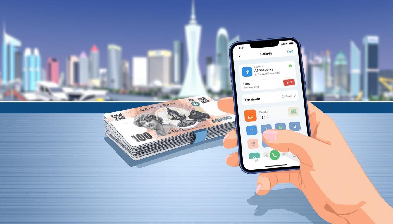 A modern minimalist illustration depicting the financial strategies for exchanging currency and withdrawing cash while traveling in Thailand. In the foreground, a hand holding a smartphone displays a mobile banking app interface. In the middle ground, a pile of Thai baht banknotes rests on a sleek, metallic surface. The background features a blurred city skyline, representing the urban setting of Thailand. The overall scene conveys a sense of efficiency, convenience, and financial savvy for the independent traveler. A modern minimalist illustration depicting the financial strategies for exchanging currency and withdrawing cash while traveling in Thailand. In the foreground, a hand holding a smartphone displays a mobile banking app interface. In the middle ground, a pile of Thai baht banknotes rests on a sleek, metallic surface. The background features a blurred city skyline, representing the urban setting of Thailand. The overall scene conveys a sense of efficiency, convenience, and financial savvy for the independent traveler.