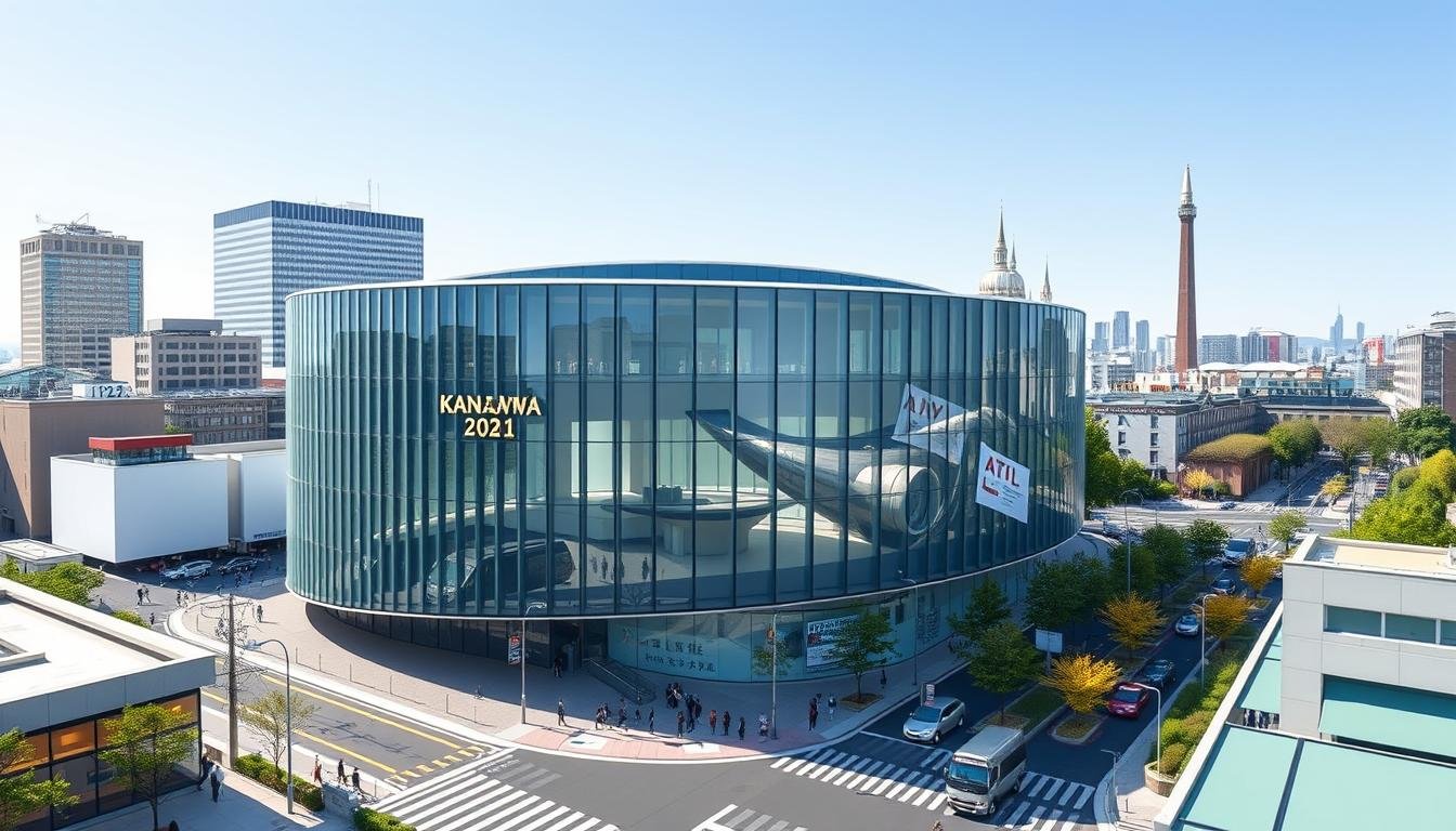 A modern, minimalist illustration of the Kanazawa 21st Century Museum of Contemporary Art, showcasing its sleek, striking architecture and prominent location. The museum's distinct circular structure stands prominently in the foreground, its glass facade reflecting the surrounding cityscape. In the middle ground, bustling streets and sidewalks depict the vibrant atmosphere, with pedestrians and vehicles highlighting the museum's accessible, central position. The background features the iconic landmarks of Kanazawa, creating a cohesive urban landscape that situates the museum within the cultural heart of the city. Crisp lighting and a clean, sophisticated color palette convey the museum's role as a temple of modern art and design. A modern, minimalist illustration of the Kanazawa 21st Century Museum of Contemporary Art, showcasing its sleek, striking architecture and prominent location. The museum's distinct circular structure stands prominently in the foreground, its glass facade reflecting the surrounding cityscape. In the middle ground, bustling streets and sidewalks depict the vibrant atmosphere, with pedestrians and vehicles highlighting the museum's accessible, central position. The background features the iconic landmarks of Kanazawa, creating a cohesive urban landscape that situates the museum within the cultural heart of the city. Crisp lighting and a clean, sophisticated color palette convey the museum's role as a temple of modern art and design.