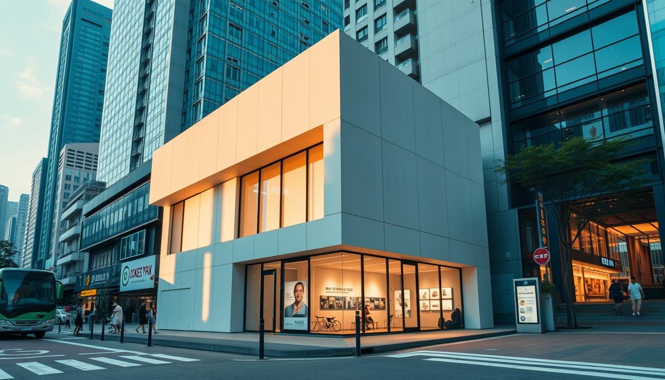 A modern, minimalist information center nestled in the bustling Kwun Tong district, showcasing the vibrant heart of the Jockey Club Kau Yuk Fong. Captured through a wide-angle lens, the building's clean lines and geometric facade stand in contrast to the surrounding urban landscape. Warm, natural lighting illuminates the structure, casting soft shadows that accentuate its architectural details. The image conveys a sense of tranquility and purpose, inviting visitors to explore the insights and experiences within.