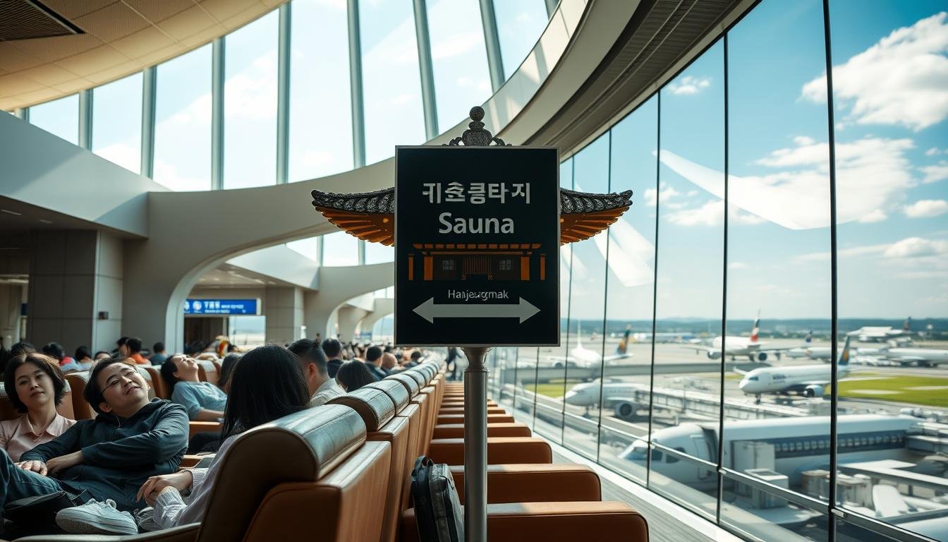 A modern, sleek airport terminal with natural lighting flooding through expansive windows. In the foreground, a group of travelers resting on plush leather chairs, their faces reflecting a sense of tranquility. The middle ground features a prominently displayed sign pointing the way to a renowned "Sauna" or "Hanjeungmak" facility, its traditional Korean architecture blending seamlessly with the contemporary airport design. In the background, a panoramic view of the bustling Incheon International Airport, with aircraft taking off and landing against a clear, azure sky. The overall atmosphere conveys a sense of relaxation and rejuvenation, offering a unique sanctuary for travelers amid the airport's hectic pace.
