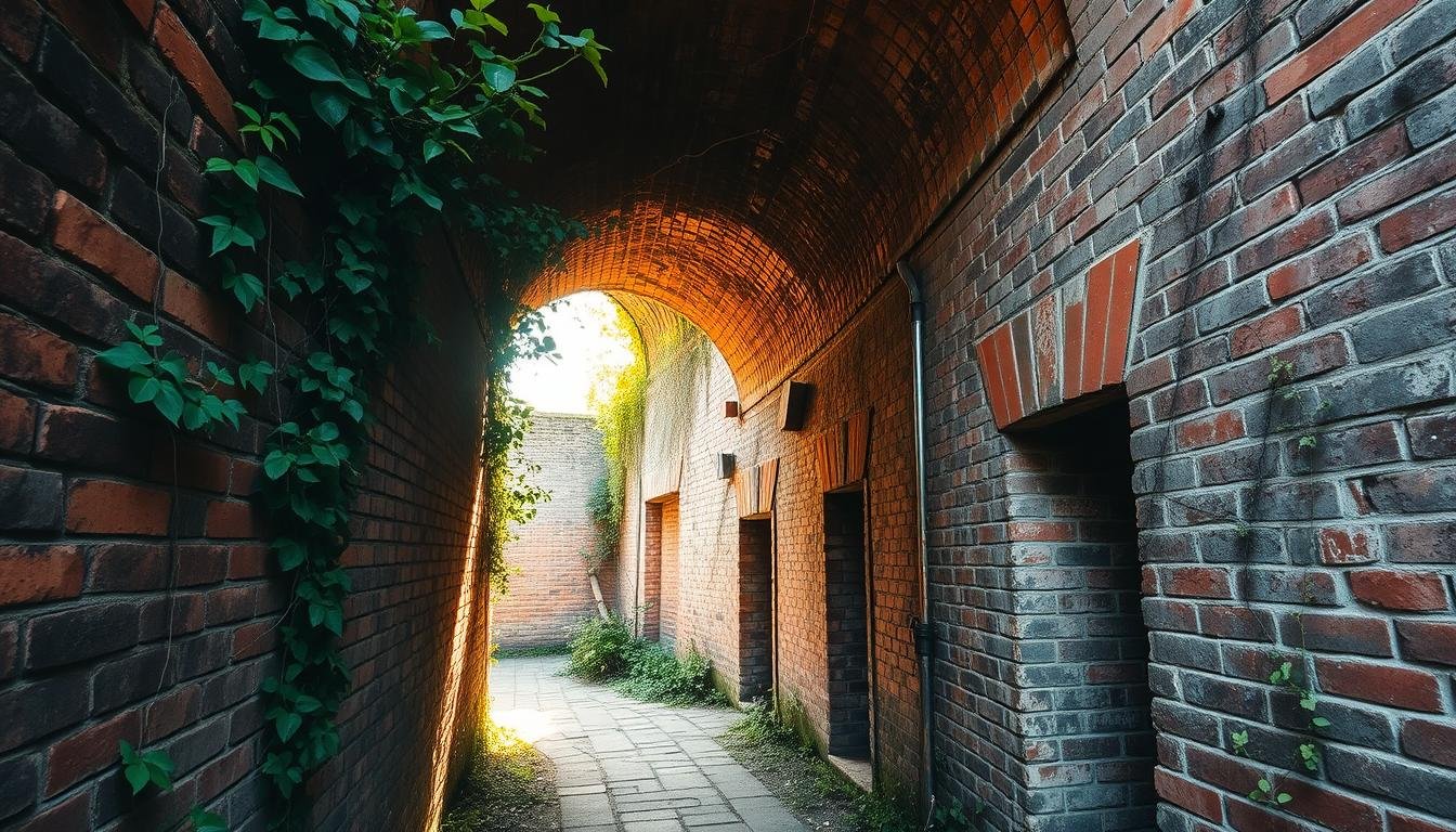 A narrow, winding tunnel carved through the weathered red brick walls of Sarushima Island, sunlight streaming in from the entrances on either end, casting a warm, golden glow across the aged, textured surfaces. Lush greenery and vines cling to the exterior, blending the manmade structure with the natural landscape. The atmosphere is one of serene exploration, inviting the viewer to step inside and discover the island's history and beauty.