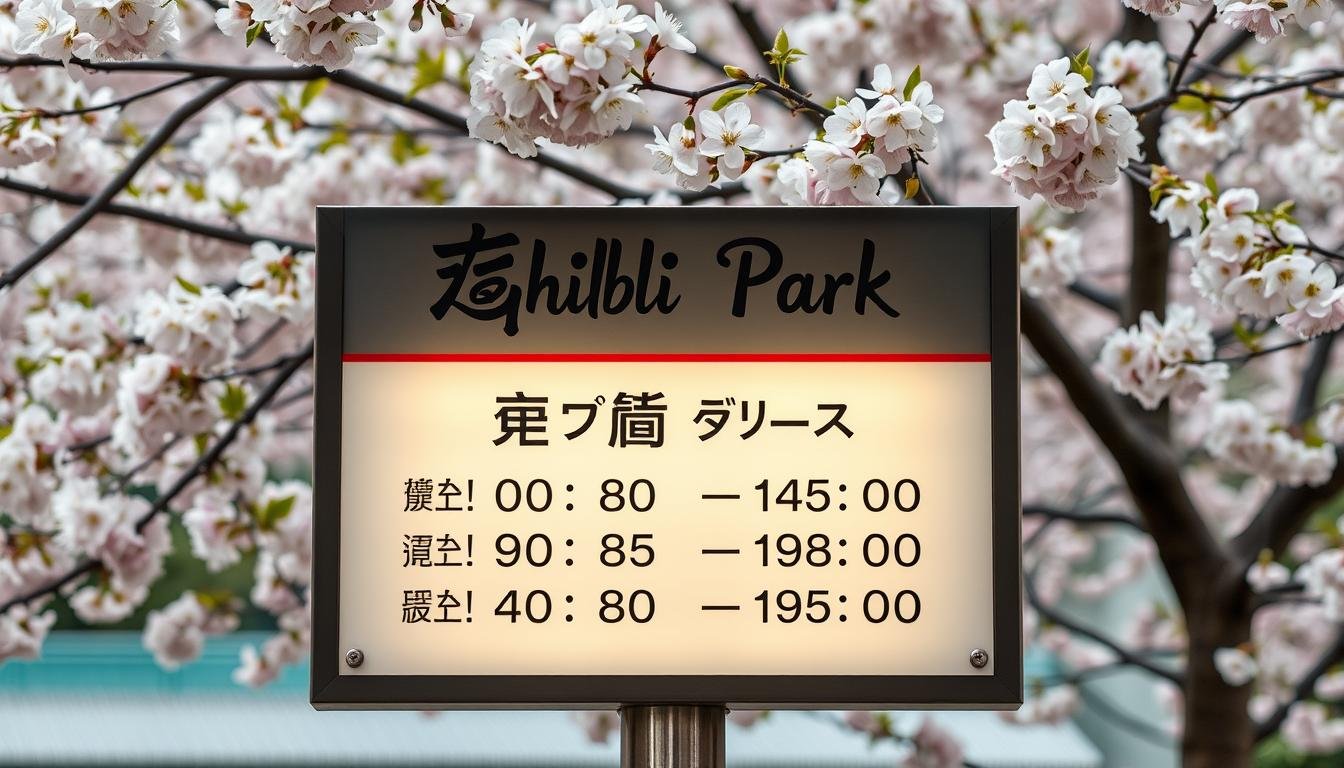 A neatly designed signage board displaying the operating hours for a Japanese theme park, set against a backdrop of cherry blossoms in full bloom. The sign features elegant Japanese calligraphy with the park's name, "Ghibli Park", alongside the hours of operation in both Japanese and English. The signage is well-lit, with a warm, inviting glow that complements the serene, natural setting. The image captures the essence of the park's operation and conveys a sense of anticipation and wonder for visitors.
