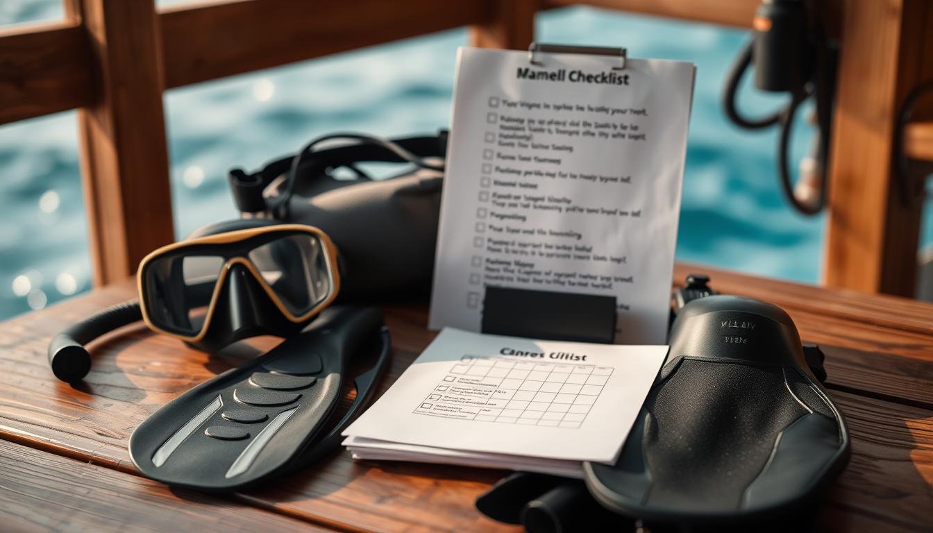 A neatly organized checklist displayed on a wooden table, alongside an assortment of essential diving equipment, including a mask, snorkel, fins, and a wetsuit. The items are meticulously arranged, conveying a sense of preparedness and attention to detail. Soft, natural lighting illuminates the scene, creating a warm and inviting atmosphere. The background features a blurred, out-of-focus view of the ocean, hinting at the underwater adventure to come. The overall composition emphasizes the importance of thorough planning and appropriate gear for a successful and enjoyable diving experience.
