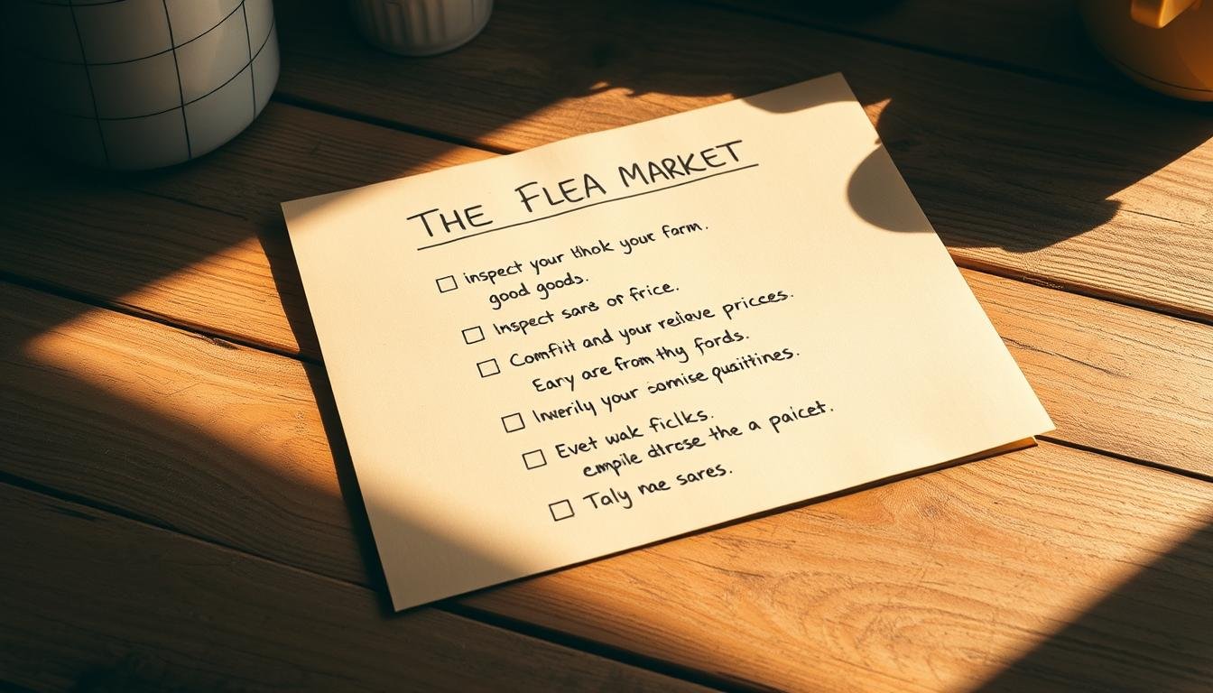 A neatly organized checklist on a well-lit wooden table, its surface weathered and textured. The list's items are handwritten in a practical, straightforward style, detailing the key steps of the flea market experience - from inspecting goods to negotiating prices. The warm, natural lighting casts soft shadows, creating a sense of focus and calm. The overall composition conveys a practical, no-frills approach to the process of savvy thrifting, ready to guide the independent traveler through the ins and outs of a successful bargain hunt.