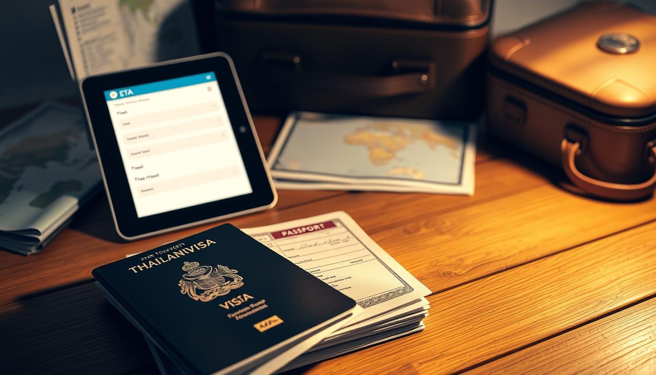 A neatly organized scene depicting the impact of visas and electronic travel authorizations on a traveler's budget. In the foreground, a stack of passport pages and a Thai visa document, casting warm shadows on a wooden surface. In the middle ground, a tablet displaying an ETA application form, the screen's glow illuminating the surrounding area. The background features a suitcase, travel documents, and a map, suggesting the overall planning and preparation for the trip. The lighting is soft and diffused, creating a contemplative mood. The composition emphasizes the interconnectedness of these administrative elements and their influence on the overall travel budget. A neatly organized scene depicting the impact of visas and electronic travel authorizations on a traveler's budget. In the foreground, a stack of passport pages and a Thai visa document, casting warm shadows on a wooden surface. In the middle ground, a tablet displaying an ETA application form, the screen's glow illuminating the surrounding area. The background features a suitcase, travel documents, and a map, suggesting the overall planning and preparation for the trip. The lighting is soft and diffused, creating a contemplative mood. The composition emphasizes the interconnectedness of these administrative elements and their influence on the overall travel budget.