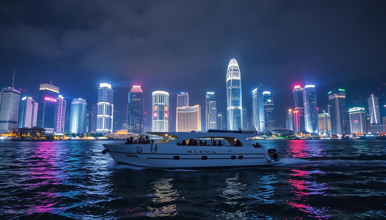 A night-time cruise along Victoria Harbour, Hong Kong. The iconic skyline of towering skyscrapers is illuminated by a dazzling array of neon lights and colorful architectural details. The sleek white ferry glides across the gently rippling waters, providing an intimate perspective of the harbor's dynamic energy. Reflections of the city lights dance on the surface, creating a captivating visual symphony. The cool evening breeze and the gentle rocking of the boat add to the serene, immersive experience. The passengers gaze in awe at the breathtaking panorama, taking in the vibrant, futuristic atmosphere of this bustling global metropolis.