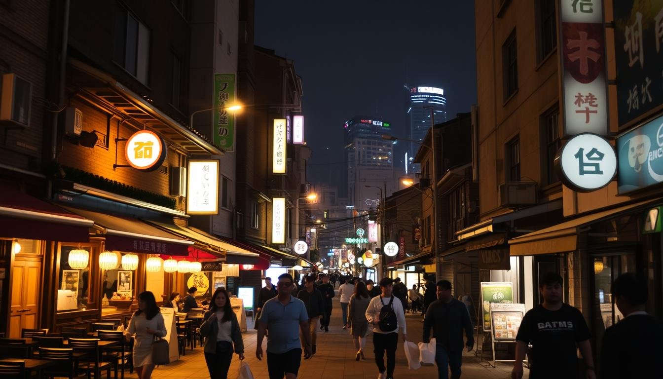 A nighttime cityscape of Sinchon-ro 1, Seodaemun-gu, Seoul, South Korea. The street is lined with dimly lit cafes, restaurants, and small shops, casting a warm glow onto the sidewalk. In the foreground, people wander the lively streets, some carrying paper bags or chatting with friends. The middle ground features the distinctive architecture of the area, with traditional Korean and modern elements blending together. In the background, the silhouettes of high-rise buildings and the occasional neon sign can be seen, hinting at the vibrant nightlife of the neighborhood. The scene is bathed in a soft, amber light, creating an atmospheric and inviting mood. A nighttime cityscape of Sinchon-ro 1, Seodaemun-gu, Seoul, South Korea. The street is lined with dimly lit cafes, restaurants, and small shops, casting a warm glow onto the sidewalk. In the foreground, people wander the lively streets, some carrying paper bags or chatting with friends. The middle ground features the distinctive architecture of the area, with traditional Korean and modern elements blending together. In the background, the silhouettes of high-rise buildings and the occasional neon sign can be seen, hinting at the vibrant nightlife of the neighborhood. The scene is bathed in a soft, amber light, creating an atmospheric and inviting mood.