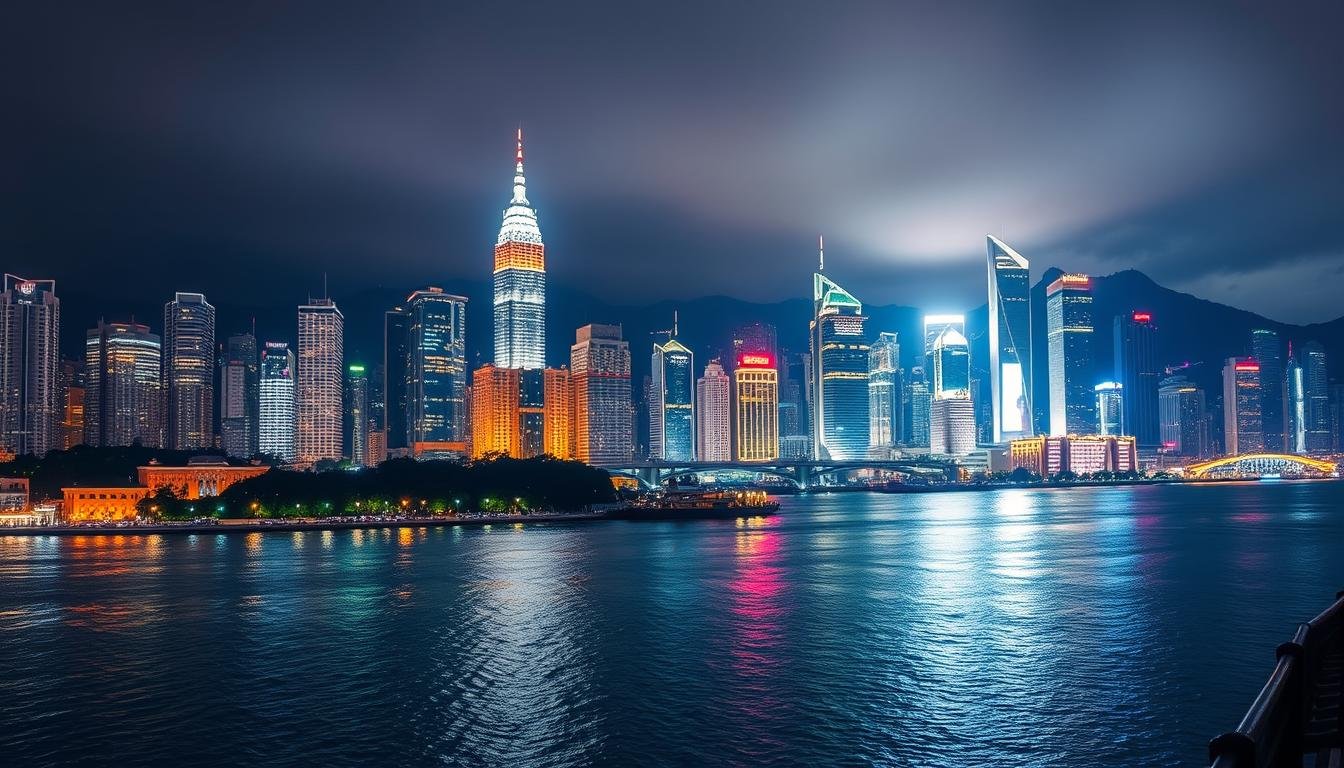 A panoramic night view of the iconic Hong Kong skyline, illuminated by a breathtaking array of neon lights and glittering skyscrapers. In the foreground, the tranquil Victoria Harbour reflects the dazzling cityscape, creating a mesmerizing mirror effect. The middle ground features the famous Tsim Sha Tsui Promenade, with its lush greenery and elegant architectural elements. In the background, the dramatic Lion Rock and Kowloon hills rise majestically, creating a stunning natural backdrop. The scene is bathed in a warm, otherworldly glow, evoking a sense of wonder and enchantment. The camera angle is slightly elevated, capturing the grandeur and scale of this captivating urban landscape.