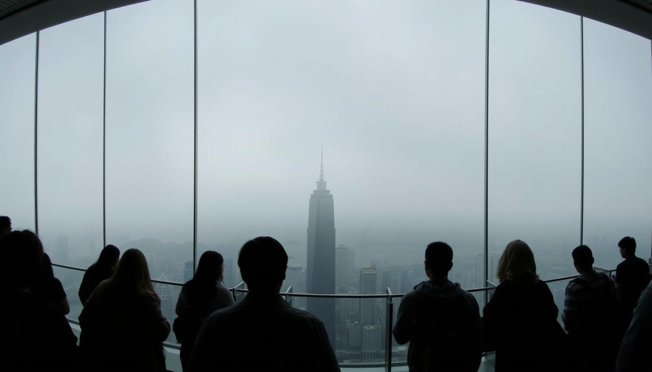 A panoramic view of Hong Kong's iconic Sky100 observation deck, situated atop the International Commerce Centre. The scene depicts a hazy, moody atmosphere with a low cloud cover obscuring the skyline. In the foreground, visitors are silhouetted against the glass walls, gazing out at the dimmed cityscape below. The middle ground showcases the sleek, modern architecture of the observation deck, while the background is shrouded in a soft, diffused light, creating a sense of mystery and anticipation. The image conveys the experience of visiting Sky100 on a less-than-ideal weather day, highlighting the challenges and adaptations required to still enjoy the panoramic vistas of Hong Kong.