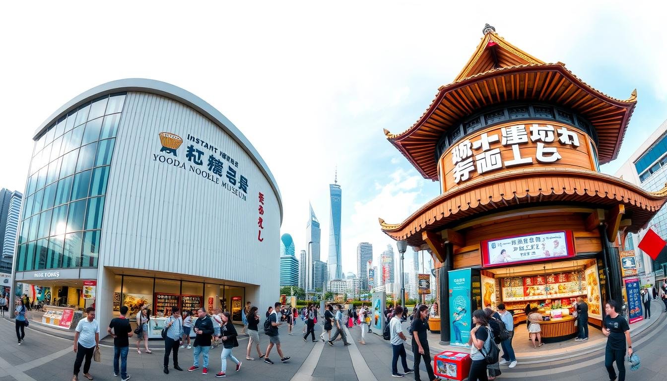 A panoramic view of the Hong Kong Instant Noodle Museum and the Yokohama Instant Noodle Museum, standing side by side. The Hong Kong museum's exterior features a modern, minimalist design with clean lines and a sleek glass facade, while the Yokohama museum has a more traditional Japanese architectural style with intricate wooden details and a pagoda-like roof. In the foreground, visitors can be seen exploring the exhibits and participating in hands-on noodle-making activities. The middle ground showcases the unique branding and signage of each museum, highlighting their distinct cultural identities. The background depicts a bustling cityscape, with skyscrapers and landmarks of the respective cities providing a contextual setting. The lighting is natural and warm, creating an inviting and immersive atmosphere that encourages visitors to engage with the contrasting museum experiences.