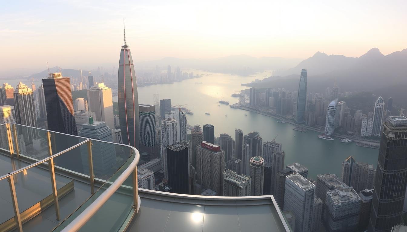 A panoramic view of the "Sky Terrace 428" observation deck in Hong Kong, showcasing the city's iconic skyline and harbor. The scene is bathed in warm, golden-hour lighting, casting a soft, ethereal glow over the modern skyscrapers and the sparkling waters of Victoria Harbour. In the foreground, a glass-enclosed observation platform offers visitors an unobstructed 360-degree vista, allowing them to fully immerse themselves in the breathtaking urban landscape. The middle ground features the distinctive architectural elements of the observation deck, with clean lines and sleek, contemporary design. In the background, the towering mountains of Hong Kong provide a dramatic, natural backdrop, creating a seamless blend of the city's man-made and natural wonders.