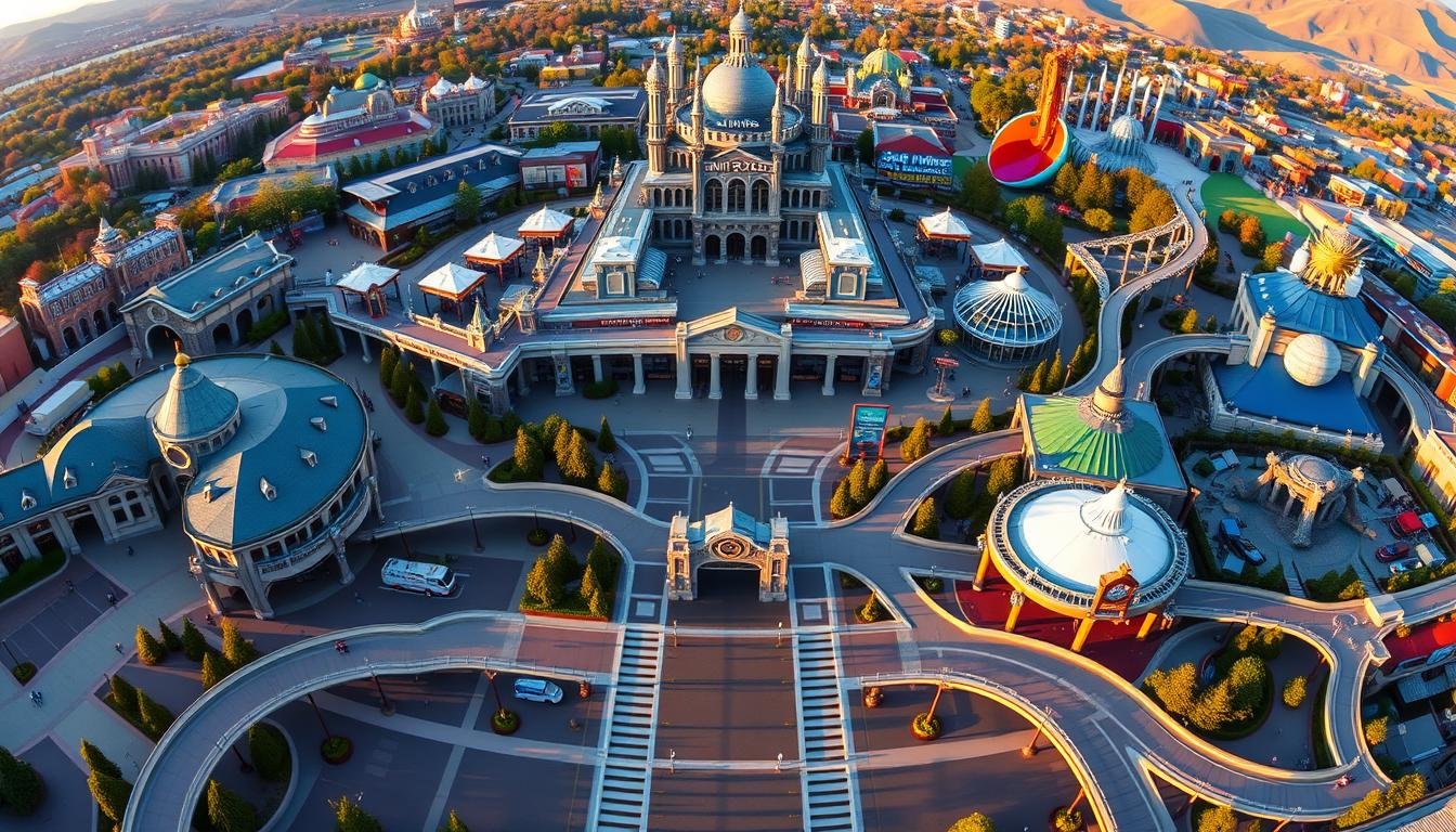 A panoramic view of the Universal Studios Japan (USJ) park layout, showcasing the interconnected pathways and key attractions. The image should depict the main entrance, central plaza, and various themed zones like The Wizarding World of Harry Potter, Jurassic World, and Super Nintendo World, all connected by wide, well-signposted walkways. The scene should be bathed in warm, golden-hour lighting, creating a vibrant, inviting atmosphere. The perspective should be slightly elevated, providing an overview of the park's efficient layout and visitor flow. The image should convey a sense of exploration, highlighting how visitors can easily navigate the park and access its most popular rides and experiences.