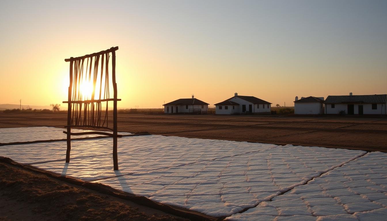 A peaceful evening in a historic salt field, with the soft glow of the setting sun casting a warm hue over the tranquil landscape. In the foreground, a traditional salt-drying rack stands as a testament to the region's rich cultural heritage, its weathered wooden frame silhouetted against the sky. The middle ground reveals the intricate patterns of salt crystals forming on the ground, a mesmerizing display of nature's artistry. In the background, a group of traditional salt houses, their tiled roofs and whitewashed walls blending seamlessly with the natural surroundings, create a sense of timelessness. The overall atmosphere is one of contemplation and reverence, inviting the viewer to immerse themselves in the beauty and history of this remarkable salt field setting.