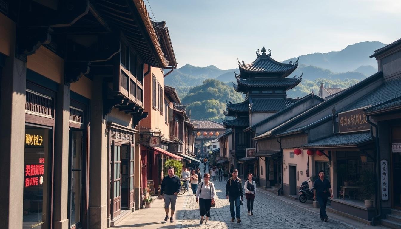A picturesque historical street in the ancient Taiwanese town of Gaoshanli, bathed in warm afternoon sunlight. Quaint buildings line the cobblestone path, their traditional architecture and muted colors creating a charming, timeless atmosphere. Pedestrians stroll leisurely, pausing to admire the ornate shop facades and intricate carvings on the temple roofs. In the distance, lush hills rise up, framing the scene with a sense of tranquility. The overall mood is one of unhurried exploration, inviting the viewer to immerse themselves in the rich heritage and slow pace of this captivating historic district. A picturesque historical street in the ancient Taiwanese town of Gaoshanli, bathed in warm afternoon sunlight. Quaint buildings line the cobblestone path, their traditional architecture and muted colors creating a charming, timeless atmosphere. Pedestrians stroll leisurely, pausing to admire the ornate shop facades and intricate carvings on the temple roofs. In the distance, lush hills rise up, framing the scene with a sense of tranquility. The overall mood is one of unhurried exploration, inviting the viewer to immerse themselves in the rich heritage and slow pace of this captivating historic district.