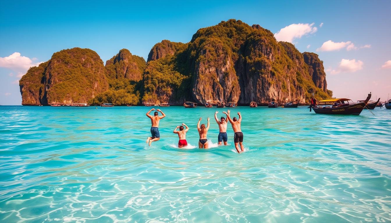 A picturesque island paradise in the Andaman Sea, with turquoise waters lapping against pristine white sand beaches. In the foreground, a group of adventurous travelers leap into the shimmering waves, their bodies suspended mid-air. The middle ground reveals lush, verdant foliage and towering limestone cliffs, casting dramatic shadows under the warm, golden light of the sun. In the background, a fleet of traditional longtail boats dot the horizon, ready to ferry visitors to other stunning islands. The scene exudes a sense of tranquility and exhilaration, perfectly capturing the allure of Krabi's renowned island-hopping experiences. A picturesque island paradise in the Andaman Sea, with turquoise waters lapping against pristine white sand beaches. In the foreground, a group of adventurous travelers leap into the shimmering waves, their bodies suspended mid-air. The middle ground reveals lush, verdant foliage and towering limestone cliffs, casting dramatic shadows under the warm, golden light of the sun. In the background, a fleet of traditional longtail boats dot the horizon, ready to ferry visitors to other stunning islands. The scene exudes a sense of tranquility and exhilaration, perfectly capturing the allure of Krabi's renowned island-hopping experiences.
