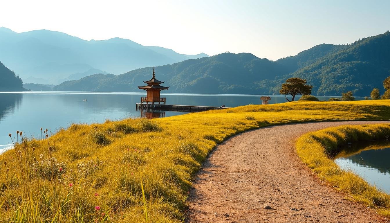 A picturesque lakeside scene at Biwako, the largest freshwater lake in Japan. In the foreground, a grassy path winds along the shore, dotted with vibrant wildflowers. Mid-ground, a traditional Japanese wooden pavilion stands serene, its reflection mirrored in the calm, azure waters. The background features rolling hills covered in verdant foliage, with the distant blue mountains forming a majestic backdrop. Warm, golden sunlight filters through the scene, casting a gentle glow and creating a tranquil, contemplative atmosphere. The composition captures the essence of a leisurely stroll along the lake's edge, inviting the viewer to immerse themselves in the natural beauty of this scenic Japanese destination.
