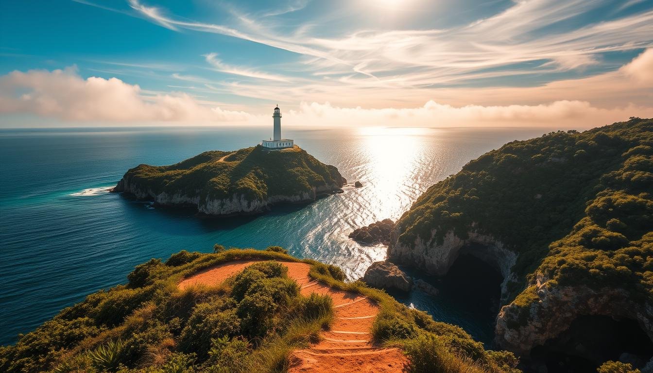 A picturesque lighthouse perched atop the rugged coastline of Hoi Ha Wan, Hong Kong. The historic Chek Chau Lighthouse stands tall, its bright white tower contrasted by the deep blue waters and lush green foliage surrounding it. Sunlight filters through wispy clouds, casting a warm, golden glow over the scene. In the foreground, a winding trail leads hikers towards the lighthouse, inviting exploration of the dramatic rocky coves and hidden sea caves that dot the shoreline. The serene atmosphere evokes a sense of adventure and connection with the natural world, setting the stage for an immersive journey into the captivating landscapes of this Hong Kong natural wonder.
