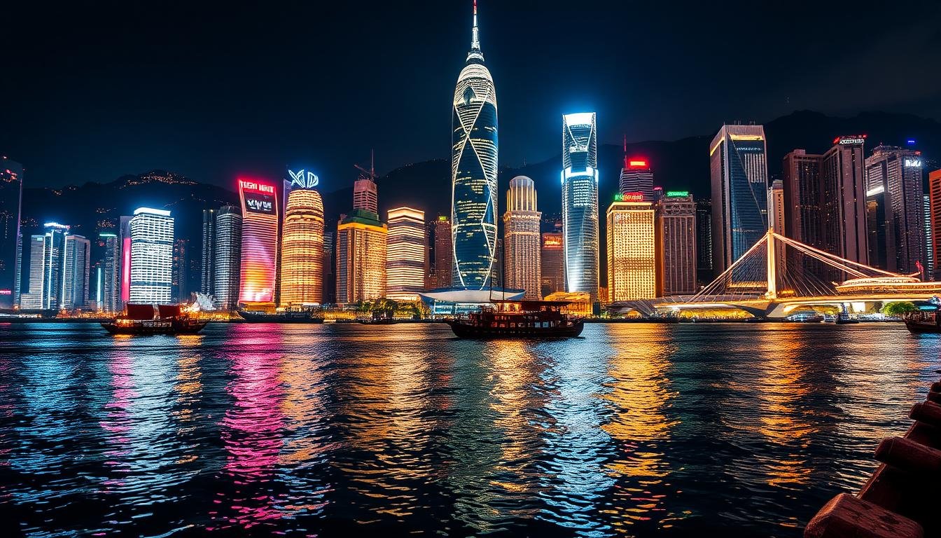 A picturesque nighttime scene of Hong Kong's iconic Victoria Harbour, showcasing the city's stunning skyline illuminated by the vibrant lights of towering skyscrapers. In the foreground, the glistening waters of the harbor are reflected, creating a captivating mirrored effect. The middle ground features the silhouettes of traditional Chinese junk boats and pleasure crafts, gently bobbing on the calm waters. In the background, the dramatic architecture of Hong Kong's financial district stands tall, its gleaming glass and steel facades bathed in a warm, golden glow. The overall atmosphere is one of tranquility and awe-inspiring urban grandeur, capturing the essence of Victoria Harbour as a premier nighttime viewing destination.