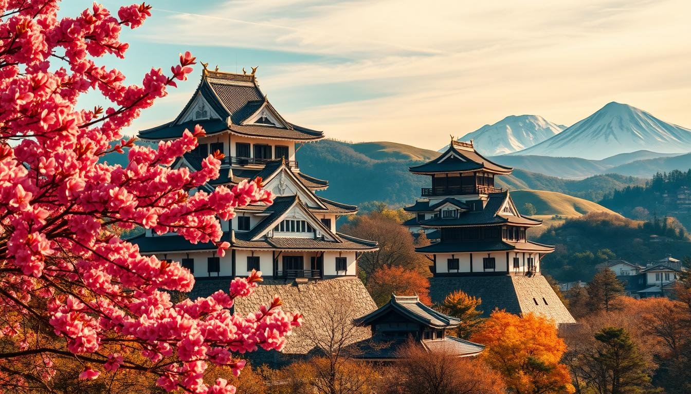 A picturesque scene of Matsumoto Castle set against the changing seasons. In the foreground, vibrant cherry blossoms in spring or fiery autumn foliage frame the castle's iconic black-and-white facade. The middle ground showcases traditional samurai processions or locals engaged in seasonal festivities, their colorful garments complementing the historic architecture. The background gently rolls with verdant hills or snow-capped peaks, capturing the castle's majestic setting within the Nagano landscape. Warm, soft lighting casts a golden glow, evoking the timeless allure of this cultural gem. A masterful blend of the castle's enduring history and the ephemeral beauty of the changing seasons.