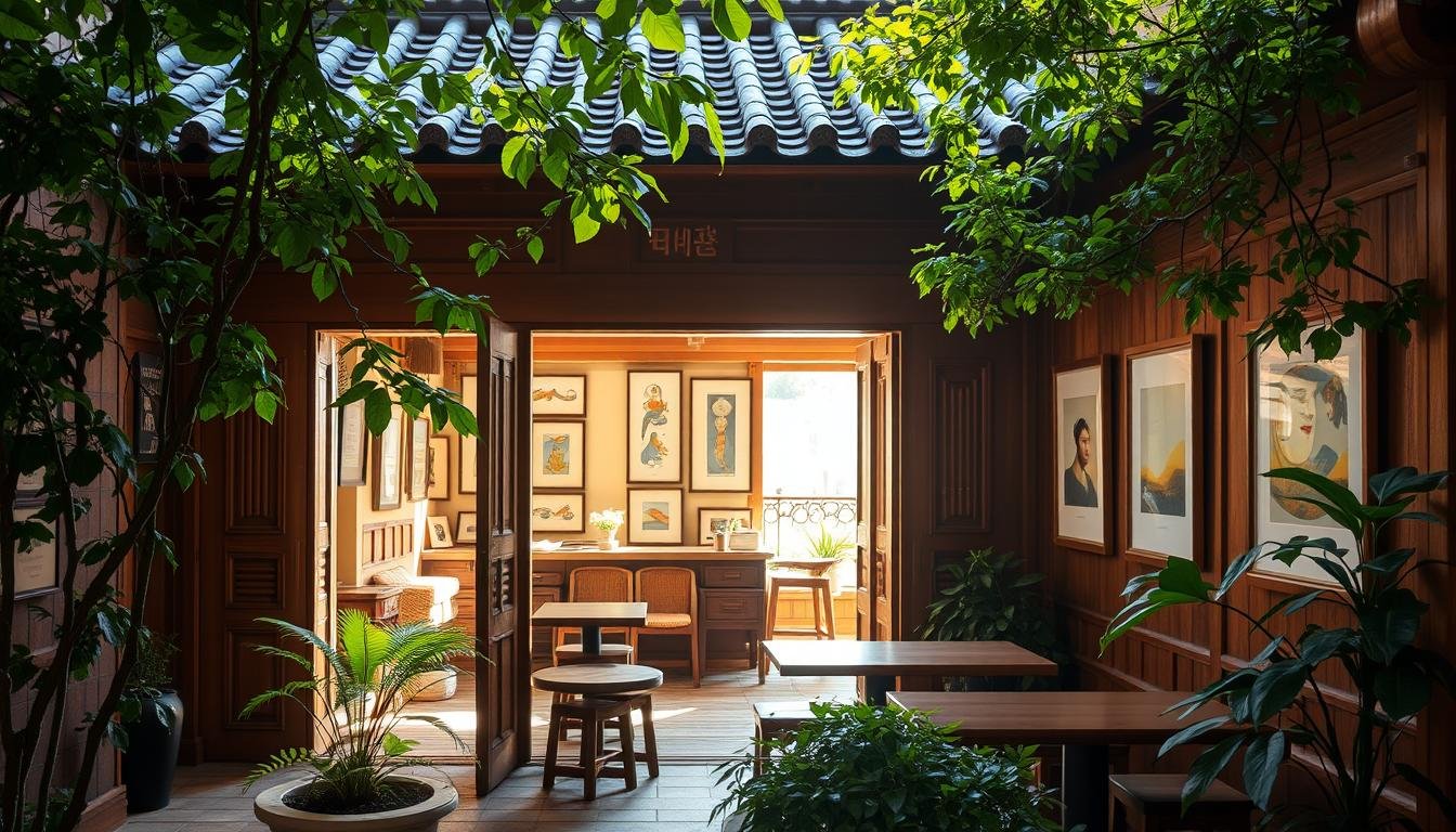 A quaint and charming coffee gallery nestled in the heart of Seoul's historic Samcheong-dong district. The three-story traditional hanok building stands elegantly, its warm wooden facade and tiled roof exuding a timeless elegance. Through the ornate wooden doorway, sunlight streams in, casting a soft, golden glow across the cozy interior. Intimate seating areas are scattered throughout, inviting visitors to sip artisanal coffee and appreciate the tranquil ambiance and thoughtfully curated art displays. Lush greenery spills from planters, creating a serene, natural oasis in the urban landscape. The harmonious blend of traditional Korean architecture and modern artistic sensibilities makes this coffee gallery a must-visit destination for those exploring the charming neighborhood of Samcheong-dong.