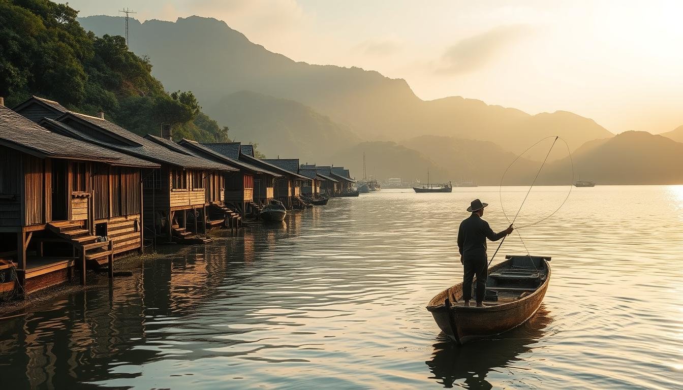 A quaint fishing village nestled along the tranquil shores of Hong Kong's Lantau Island. Weathered wooden houses line the meandering waterways, their reflections dancing on the glistening surface. A lone fisherman casts his net, his silhouette framed by the golden rays of the setting sun. In the distance, lush green hills rise, shrouded in a hazy, atmospheric mist. The scene exudes a timeless, serene charm, inviting the viewer to step into this picturesque slice of Hong Kong's historic and cultural heritage.