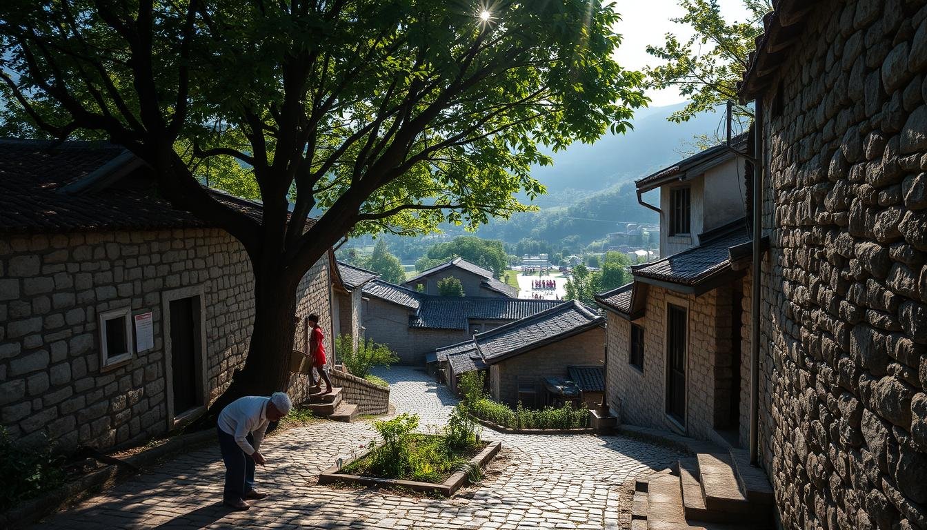 A quaint village nestled amidst rolling hills, the historic "Shangdaomen Stone Wall Village" comes alive. Capture the timeless charm of its winding cobblestone streets, flanked by weathered stone walls and traditional tiled-roof houses. Sunlight filters through the canopy of lush trees, casting a warm, golden glow over the scene. In the foreground, a local elder tends to a small garden, while in the distance, children play in a tranquil square. The tranquil atmosphere invites you to slow down, immerse yourself in the rhythms of daily life, and discover the hidden gems that make this village a true gem of the region. A quaint village nestled amidst rolling hills, the historic "Shangdaomen Stone Wall Village" comes alive. Capture the timeless charm of its winding cobblestone streets, flanked by weathered stone walls and traditional tiled-roof houses. Sunlight filters through the canopy of lush trees, casting a warm, golden glow over the scene. In the foreground, a local elder tends to a small garden, while in the distance, children play in a tranquil square. The tranquil atmosphere invites you to slow down, immerse yourself in the rhythms of daily life, and discover the hidden gems that make this village a true gem of the region.