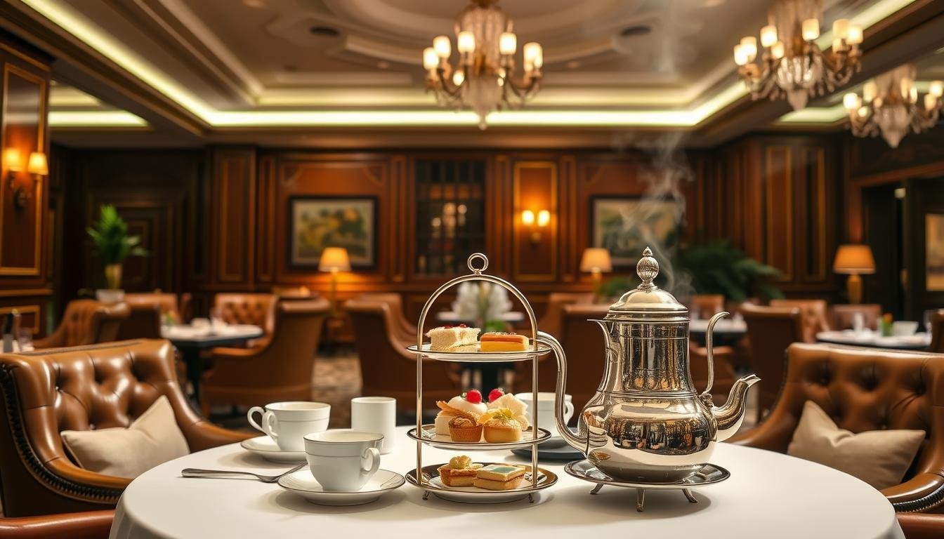 A refined and elegant interior of the Peninsula Hong Kong hotel, showcasing an inviting afternoon tea setting. A warm, diffused lighting illuminates the richly decorated space, featuring plush leather armchairs, ornate chandeliers, and intricate woodwork. The table is set with fine bone china teacups, tiered platters of delicate pastries and finger sandwiches, accompanied by a steaming silver teapot. The atmosphere conveys a sense of refined luxury and timeless sophistication, capturing the essence of the hotel's renowned English afternoon tea experience. A refined and elegant interior of the Peninsula Hong Kong hotel, showcasing an inviting afternoon tea setting. A warm, diffused lighting illuminates the richly decorated space, featuring plush leather armchairs, ornate chandeliers, and intricate woodwork. The table is set with fine bone china teacups, tiered platters of delicate pastries and finger sandwiches, accompanied by a steaming silver teapot. The atmosphere conveys a sense of refined luxury and timeless sophistication, capturing the essence of the hotel's renowned English afternoon tea experience.