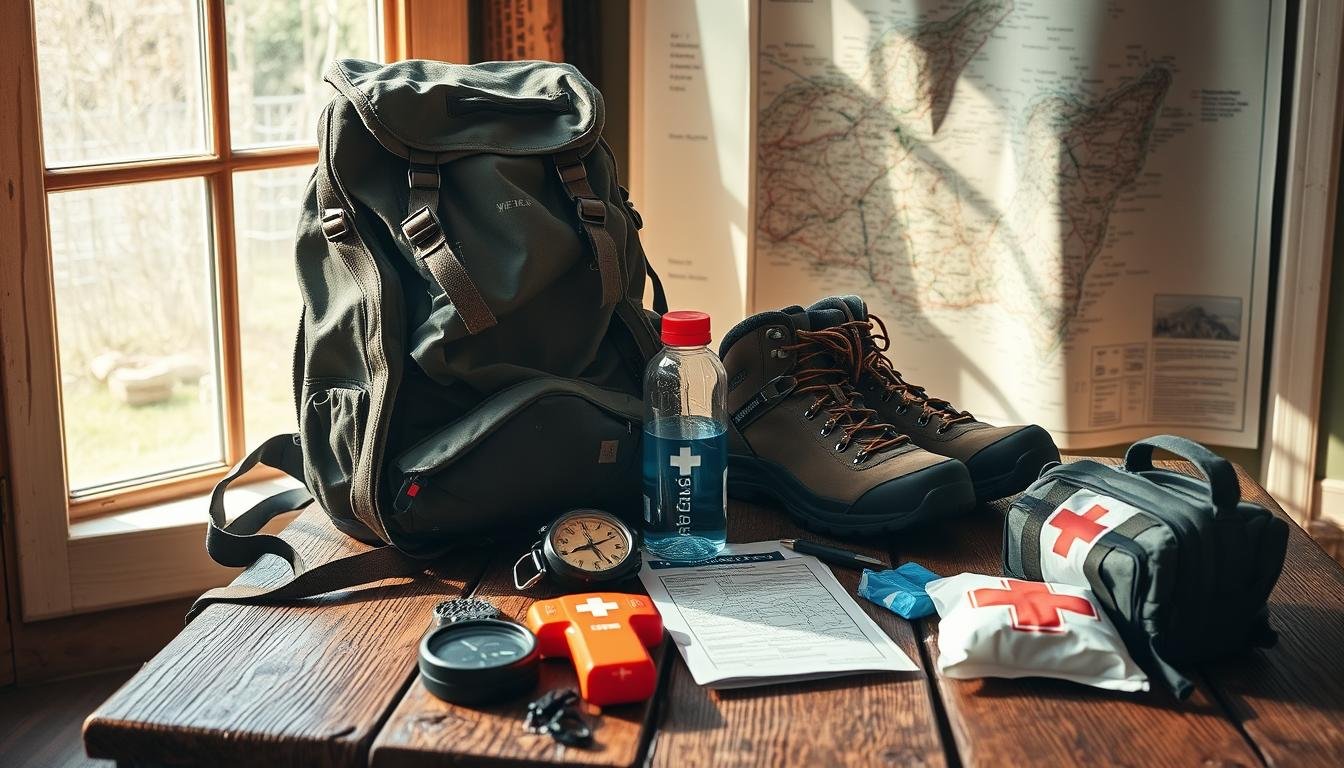 A rugged backpack sits atop a weathered wooden table, surrounded by outdoor gear - a sturdy pair of hiking boots, a compass, a water bottle, and a first-aid kit. Sunlight streams in through a window, casting a warm glow over the scene. In the background, a map of the coastal landscape unfurls, hinting at the remote and untamed nature of the hiking trails ahead. The overall composition evokes a sense of adventure and preparation, capturing the essential elements for a safe and successful island hiking excursion. A rugged backpack sits atop a weathered wooden table, surrounded by outdoor gear - a sturdy pair of hiking boots, a compass, a water bottle, and a first-aid kit. Sunlight streams in through a window, casting a warm glow over the scene. In the background, a map of the coastal landscape unfurls, hinting at the remote and untamed nature of the hiking trails ahead. The overall composition evokes a sense of adventure and preparation, capturing the essential elements for a safe and successful island hiking excursion.
