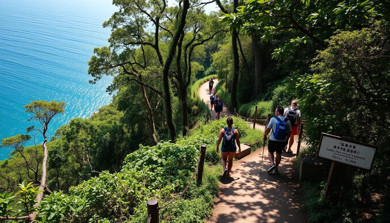 A scenic coastal hiking path along Hong Kong's Dragon's Back ridge, with clear signage and mile markers guiding the way. The trail winds through lush green foliage, with the shimmering blue ocean visible in the distance. Hikers traverse the well-maintained route, their paces staggered as they navigate the winding path. Dappled sunlight filters through the canopy, casting a warm, natural glow over the scene. The overall atmosphere is one of tranquility and adventure, setting the stage for an immersive and rewarding hiking experience.