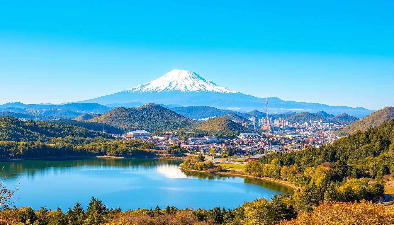 A scenic landscape showcasing the natural beauty of Yonago, Kaike, and Daisen. In the foreground, a tranquil lake reflects the majestic outline of Mount Daisen, its snow-capped peak piercing the clear sky. Surrounding the lake, lush green forests and rolling hills create a serene atmosphere. In the middle ground, the charming town of Kaike comes into view, its traditional architecture and quaint streets inviting the viewer to explore. Further in the distance, the city of Yonago nestles between the hills, its modern skyline blending harmoniously with the rugged landscape. Warm, golden sunlight filters through the scene, casting a soft, dreamlike glow over the entire composition. The overall mood is one of peaceful contemplation, capturing the essence of this picturesque region of the Sanin area. A scenic landscape showcasing the natural beauty of Yonago, Kaike, and Daisen. In the foreground, a tranquil lake reflects the majestic outline of Mount Daisen, its snow-capped peak piercing the clear sky. Surrounding the lake, lush green forests and rolling hills create a serene atmosphere. In the middle ground, the charming town of Kaike comes into view, its traditional architecture and quaint streets inviting the viewer to explore. Further in the distance, the city of Yonago nestles between the hills, its modern skyline blending harmoniously with the rugged landscape. Warm, golden sunlight filters through the scene, casting a soft, dreamlike glow over the entire composition. The overall mood is one of peaceful contemplation, capturing the essence of this picturesque region of the Sanin area.