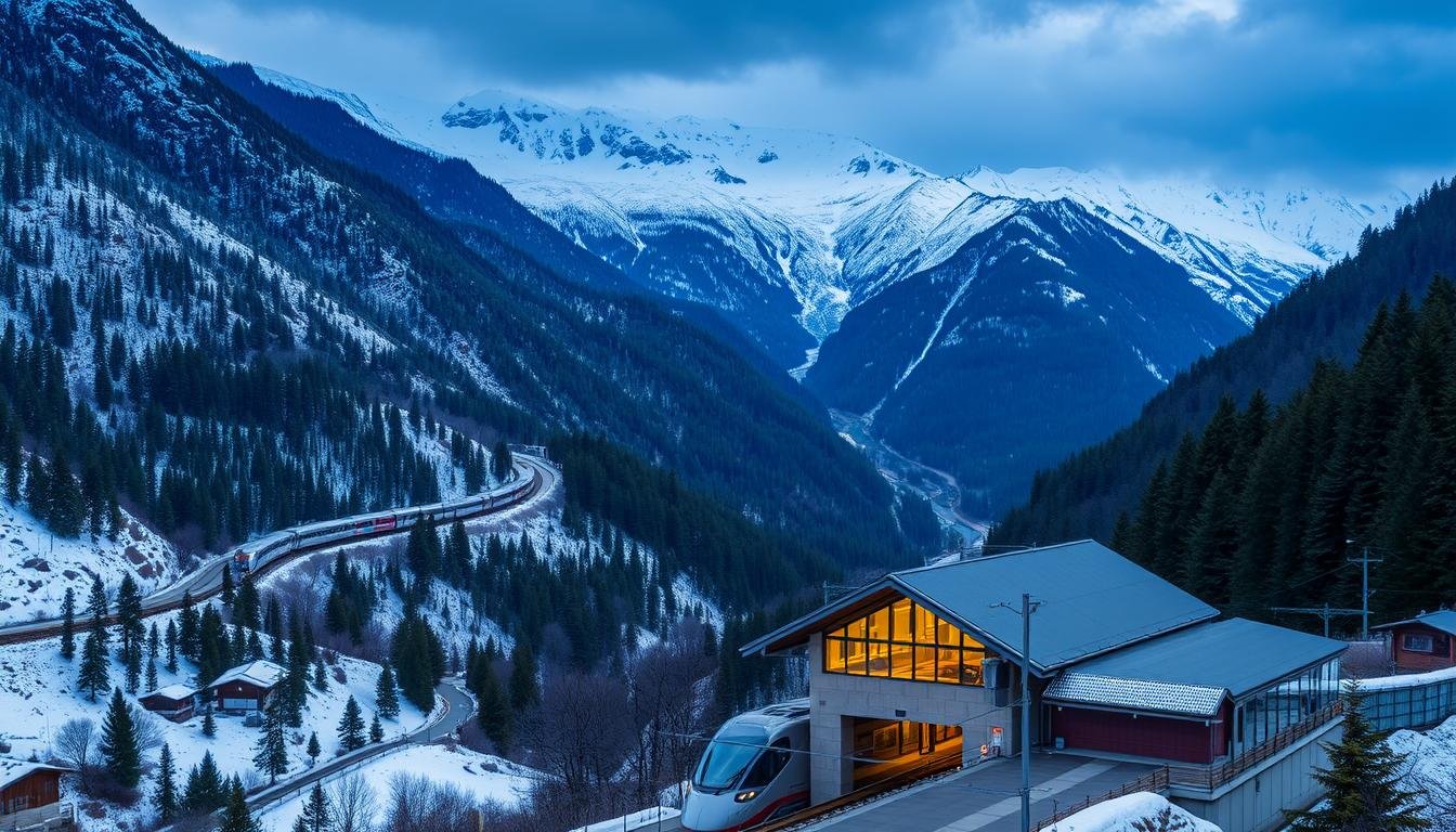 A scenic mountain landscape with a sleek, modern train winding through the snow-capped peaks and lush forests of the Japanese Alps. The train, the Toyama Kurobe Alpine Route, navigates the rugged terrain, offering passengers a breathtaking view of the dramatic Unazuki Gorge. In the foreground, a well-lit train station stands as a gateway to this stunning natural wonder, its architecture blending seamlessly with the surrounding environment. The image should convey a sense of adventure, tranquility, and the harmony between human infrastructure and the awe-inspiring beauty of the Unazuki region.