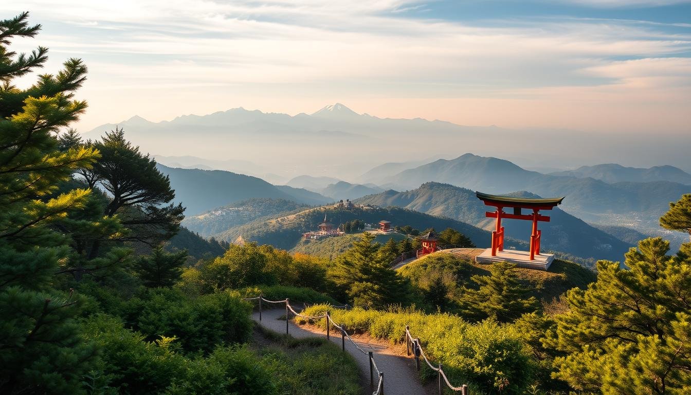A scenic mountain landscape with a winding hiking trail leading up to a panoramic viewpoint on Inari Shrine's Ōmine mountain. The foreground features lush green foliage and sunlight-dappled forest paths. The middle ground reveals the distinctive orange torii gates and shrines of the Inari Shinto complex, nestled amidst rolling hills. In the background, a dramatic skyline of jagged, snow-capped peaks towers above, bathed in soft, golden hour lighting. The composition captures the serene, spiritual atmosphere of this sacred hiking destination, inviting the viewer to immerse themselves in the natural beauty and cultural heritage of this Japanese landscape.