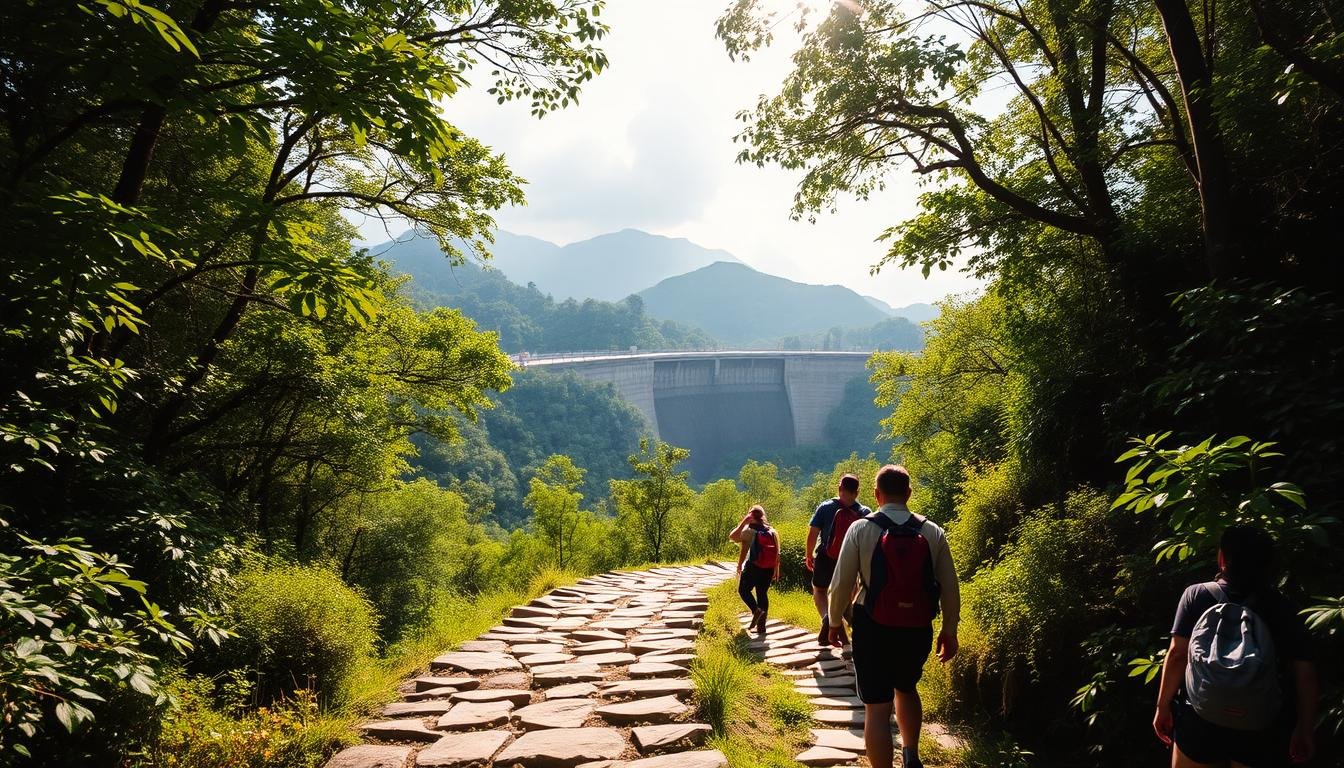 A scenic mountain trail winds through lush, verdant foliage, leading towards the towering East Dam of the Hok Tau Reservoir. Sunlight filters through the canopy, casting a warm, golden glow on the weathered stone path. In the distance, the imposing concrete structure of the dam rises majestically, its silhouette framed by the surrounding peaks. Hikers, backpacks in tow, make their way along the well-marked route, immersed in the tranquil beauty of the natural landscape. The journey is one of both physical and spiritual discovery, offering a chance to connect with the stunning geological wonders and rich cultural heritage of the North Hok Tau Geological Park.