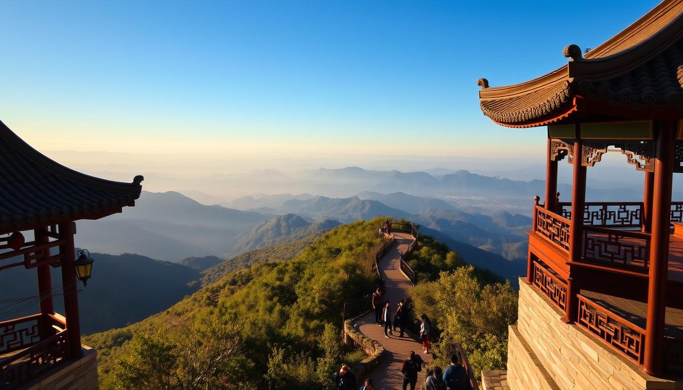 A scenic overlook atop a majestic mountain, with a panoramic view of rolling hills and distant peaks. The foreground features a traditional Chinese-style pavilion, its intricate rooflines and carved details bathed in warm, golden sunlight. In the middle ground, a winding path leads visitors through lush, verdant foliage, inviting them to explore the tranquil surroundings. The background is a tapestry of misty blue mountains, their silhouettes fading into the horizon under a clear, azure sky. The overall atmosphere is one of serene contemplation, a place of natural beauty and cultural heritage. A scenic overlook atop a majestic mountain, with a panoramic view of rolling hills and distant peaks. The foreground features a traditional Chinese-style pavilion, its intricate rooflines and carved details bathed in warm, golden sunlight. In the middle ground, a winding path leads visitors through lush, verdant foliage, inviting them to explore the tranquil surroundings. The background is a tapestry of misty blue mountains, their silhouettes fading into the horizon under a clear, azure sky. The overall atmosphere is one of serene contemplation, a place of natural beauty and cultural heritage.