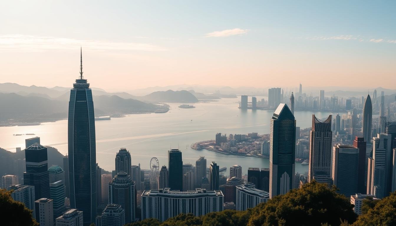 A scenic vista of Hong Kong and Macau skylines, captured in a single panoramic frame. In the foreground, the iconic skyscrapers of Hong Kong Island pierce the sky, their reflections shimmering in the waters of Victoria Harbour. In the middle ground, the undulating peaks of the Kowloon Peninsula provide a dramatic backdrop. Across the horizon, the Macau Peninsula emerges, its towering casino resorts and historic architecture blending seamlessly. The scene is bathed in the warm glow of a golden hour sunset, casting a soft, romantic light over the dual cities. A sense of tranquility and adventure permeates the image, inviting the viewer to explore the unique charms of this dynamic metropolitan region. A scenic vista of Hong Kong and Macau skylines, captured in a single panoramic frame. In the foreground, the iconic skyscrapers of Hong Kong Island pierce the sky, their reflections shimmering in the waters of Victoria Harbour. In the middle ground, the undulating peaks of the Kowloon Peninsula provide a dramatic backdrop. Across the horizon, the Macau Peninsula emerges, its towering casino resorts and historic architecture blending seamlessly. The scene is bathed in the warm glow of a golden hour sunset, casting a soft, romantic light over the dual cities. A sense of tranquility and adventure permeates the image, inviting the viewer to explore the unique charms of this dynamic metropolitan region.