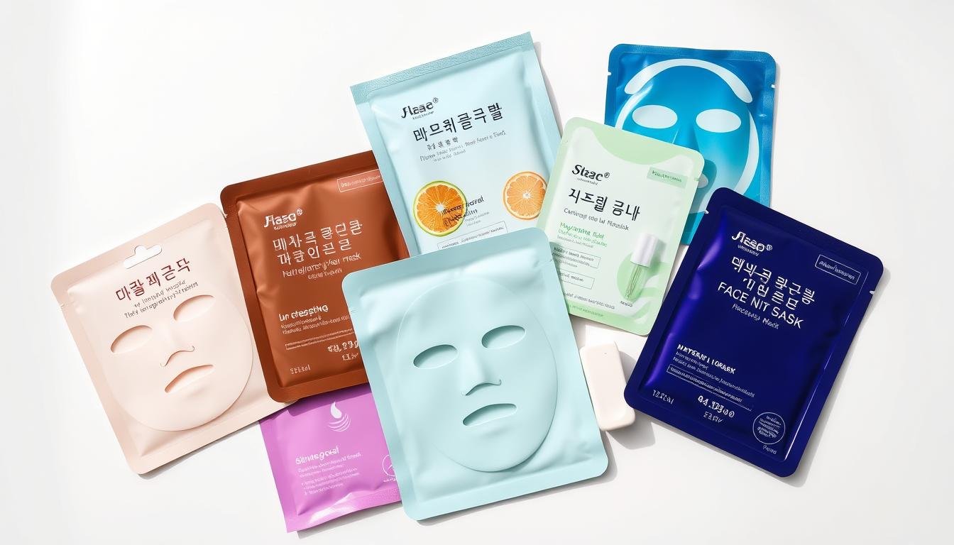 A selection of hydrating Korean face masks arranged in a visually appealing manner. The masks are displayed on a clean, minimalist white background, allowing their vibrant colors and textures to stand out. The lighting is soft and diffused, creating a warm, inviting atmosphere. The composition is balanced, with the masks placed at different angles and heights to create visual interest. The focus is on the masks themselves, showcasing their quality and highlighting their role as a key component of a Korean skincare routine.