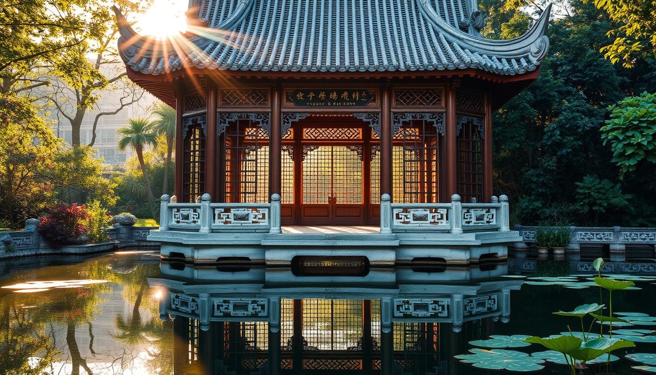 A serene Chinese pavilion, Yuanman Ge, standing amidst the lush greenery of the South Lotus Pond Garden in Hong Kong. Sunlight filters through the intricate wooden lattice, casting a warm, golden glow across the pavilion's elegant architecture. The pavilion's reflection shimmers in the tranquil waters, creating a captivating mirrored effect. Delicate stone carvings and intricate wooden details adorn the structure, showcasing the skilled craftsmanship of the region. The scene radiates a sense of harmony, inviting the viewer to pause and appreciate the beauty of this iconic Hong Kong landmark. A serene Chinese pavilion, Yuanman Ge, standing amidst the lush greenery of the South Lotus Pond Garden in Hong Kong. Sunlight filters through the intricate wooden lattice, casting a warm, golden glow across the pavilion's elegant architecture. The pavilion's reflection shimmers in the tranquil waters, creating a captivating mirrored effect. Delicate stone carvings and intricate wooden details adorn the structure, showcasing the skilled craftsmanship of the region. The scene radiates a sense of harmony, inviting the viewer to pause and appreciate the beauty of this iconic Hong Kong landmark.