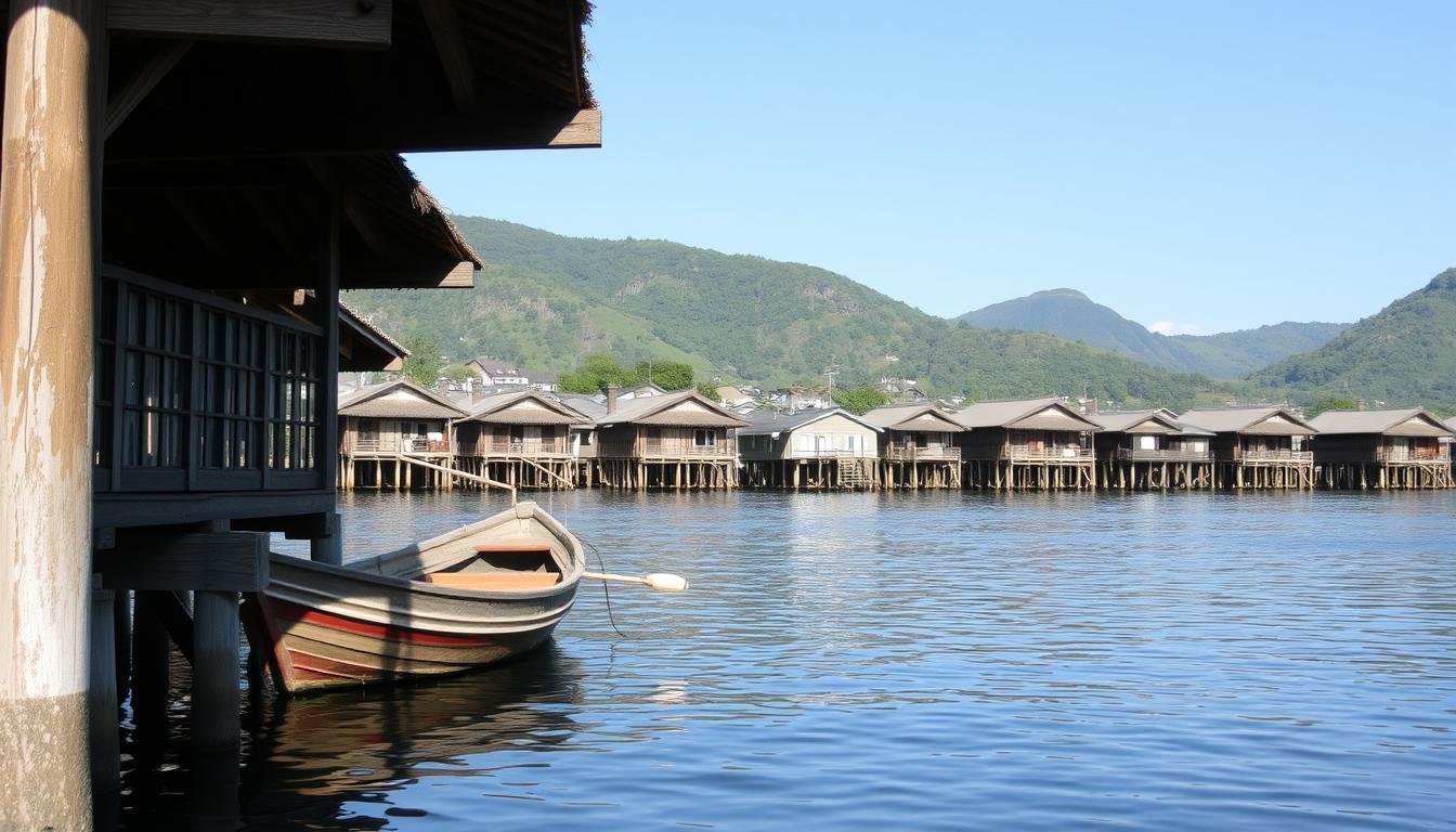 A serene Japanese fishing village nestled along the coastline, with traditional wooden stilt houses known as "Funaya" dotting the tranquil waters. Sunlight filters through the overhanging eaves, casting warm hues on the weathered structures. In the foreground, a small fishing boat is moored, its reflection rippling in the calm surface. In the background, lush green hills rise, framing the picturesque scene. The atmosphere exudes a sense of timeless harmony, inviting visitors to experience the authentic charm of this historic riverside community.