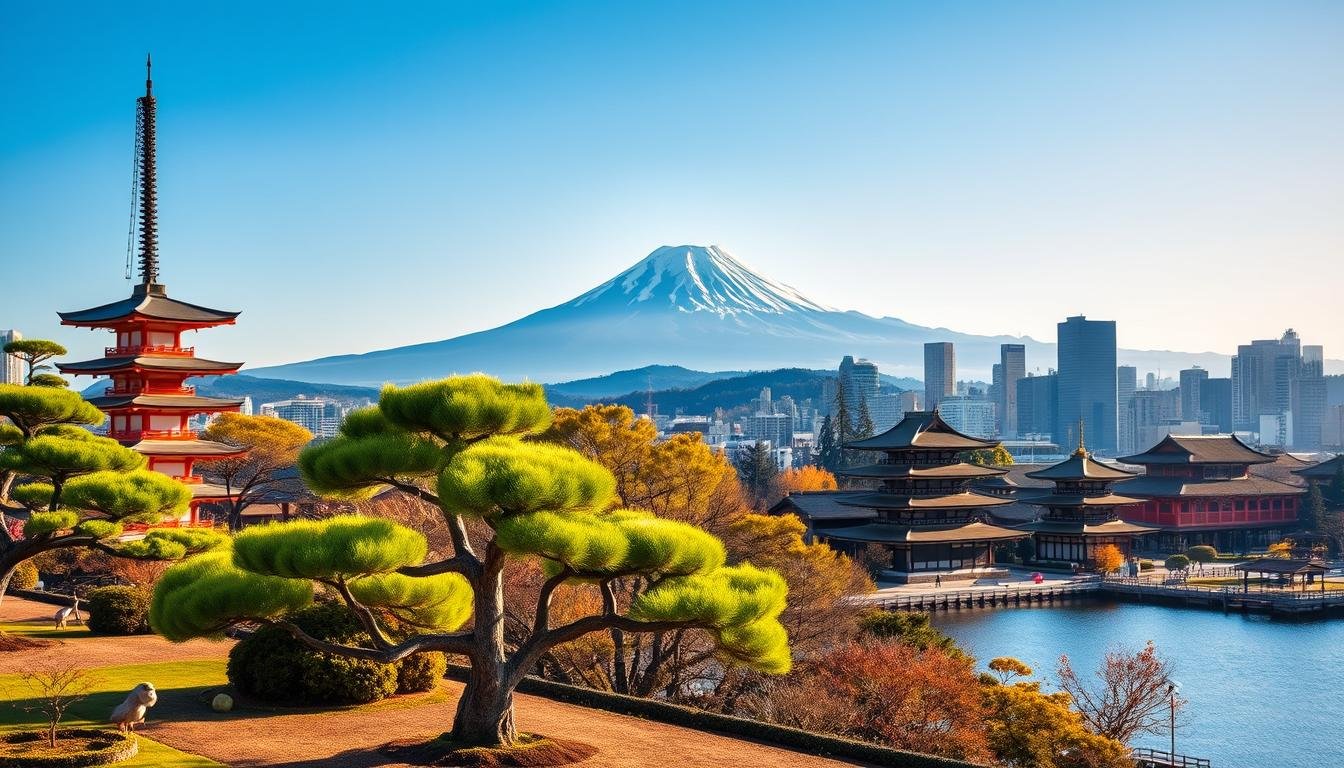 A serene Japanese landscape with iconic landmarks, showcasing the country's natural beauty and cultural highlights. In the foreground, a tranquil garden with carefully manicured bonsai trees and a traditional pagoda. The middle ground features a stunning view of Mount Fuji, its snow-capped peak rising majestically against a clear blue sky. In the background, a vibrant cityscape with modern skyscrapers and traditional ryokans, illuminated by warm, golden sunlight. The overall composition captures the essence of Japan's most captivating sights, inviting the viewer to explore this enchanting destination.