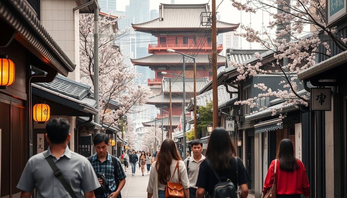 A serene Japanese urban landscape with a small group of 6-8 people strolling leisurely through a picturesque narrow street. The foreground features the group, their faces obscured but their relaxed postures and coordinated outfits suggesting a sense of exclusivity and personalized attention. The middle ground showcases traditional Japanese architecture with tiled roofs, wooden facades, and paper lanterns casting a warm, golden glow. In the background, a blend of modern and historical elements creates a harmonious ambiance - cherry blossom trees, ancient temples, and the occasional glimpse of high-rise buildings. The scene is bathed in soft, diffused lighting, evoking a serene, intimate, and immersive travel experience.