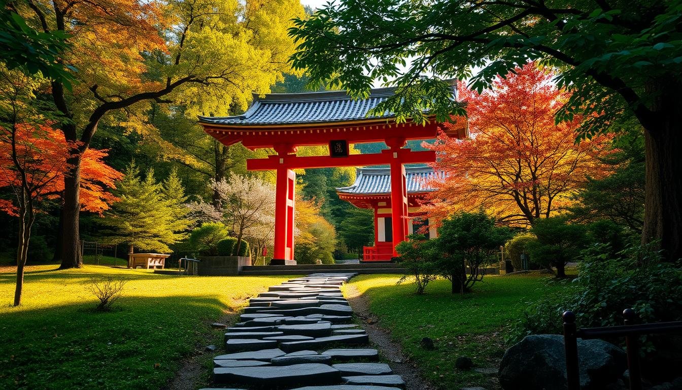 A serene Shinto shrine nestled in a lush, verdant landscape, with a towering red torii gate guarding the entrance. The shrine's elegant architecture features intricate wooden details and a traditional tiled roof, bathed in warm, golden sunlight that filters through the surrounding maple and cherry trees. In the foreground, a peaceful stone path leads visitors towards the shrine, with carefully placed stepping stones and the soft sound of a nearby stream. The atmosphere is one of tranquility and reverence, inviting the viewer to step into a realm of ancient Japanese spirituality.