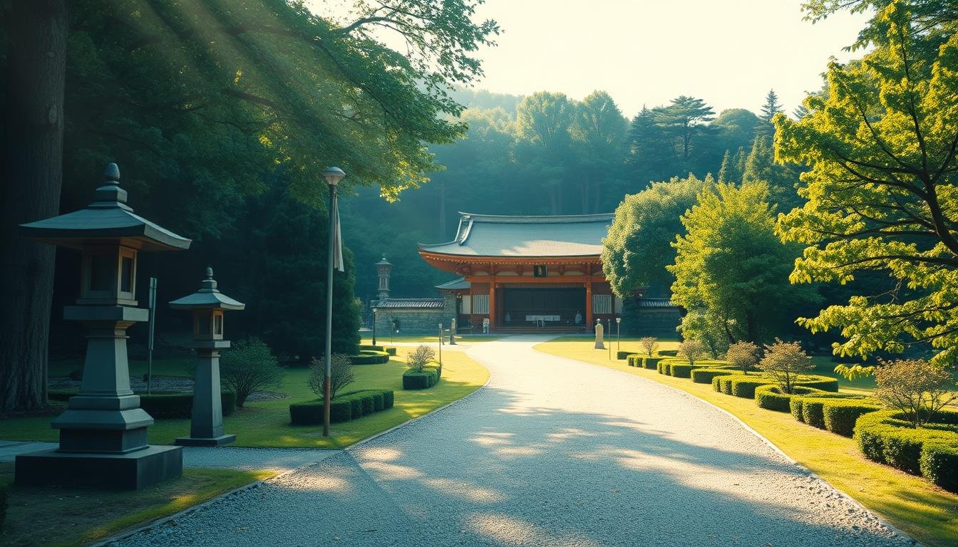 A serene Shinto shrine nestled in a verdant Japanese landscape, with a winding approach path (参道) leading visitors through a contemplative journey towards the main sanctuary (奥宮). Soft sunlight filters through the surrounding trees, casting a warm, ethereal glow. In the foreground, stone lanterns and torii gates stand as guardians, guiding the faithful along the proper etiquette (参拜 動線) of the pilgrimage. The middle ground reveals a meticulously maintained gravel path, flanked by carefully pruned shrubs and the occasional scenic vista. In the background, the impressive main shrine building rises, its traditional architectural elements blending seamlessly with the natural setting. An atmosphere of reverence and tranquility pervades the scene, inviting visitors to immerse themselves in the rich cultural heritage of this historic site. A serene Shinto shrine nestled in a verdant Japanese landscape, with a winding approach path (参道) leading visitors through a contemplative journey towards the main sanctuary (奥宮). Soft sunlight filters through the surrounding trees, casting a warm, ethereal glow. In the foreground, stone lanterns and torii gates stand as guardians, guiding the faithful along the proper etiquette (参拜 動線) of the pilgrimage. The middle ground reveals a meticulously maintained gravel path, flanked by carefully pruned shrubs and the occasional scenic vista. In the background, the impressive main shrine building rises, its traditional architectural elements blending seamlessly with the natural setting. An atmosphere of reverence and tranquility pervades the scene, inviting visitors to immerse themselves in the rich cultural heritage of this historic site.
